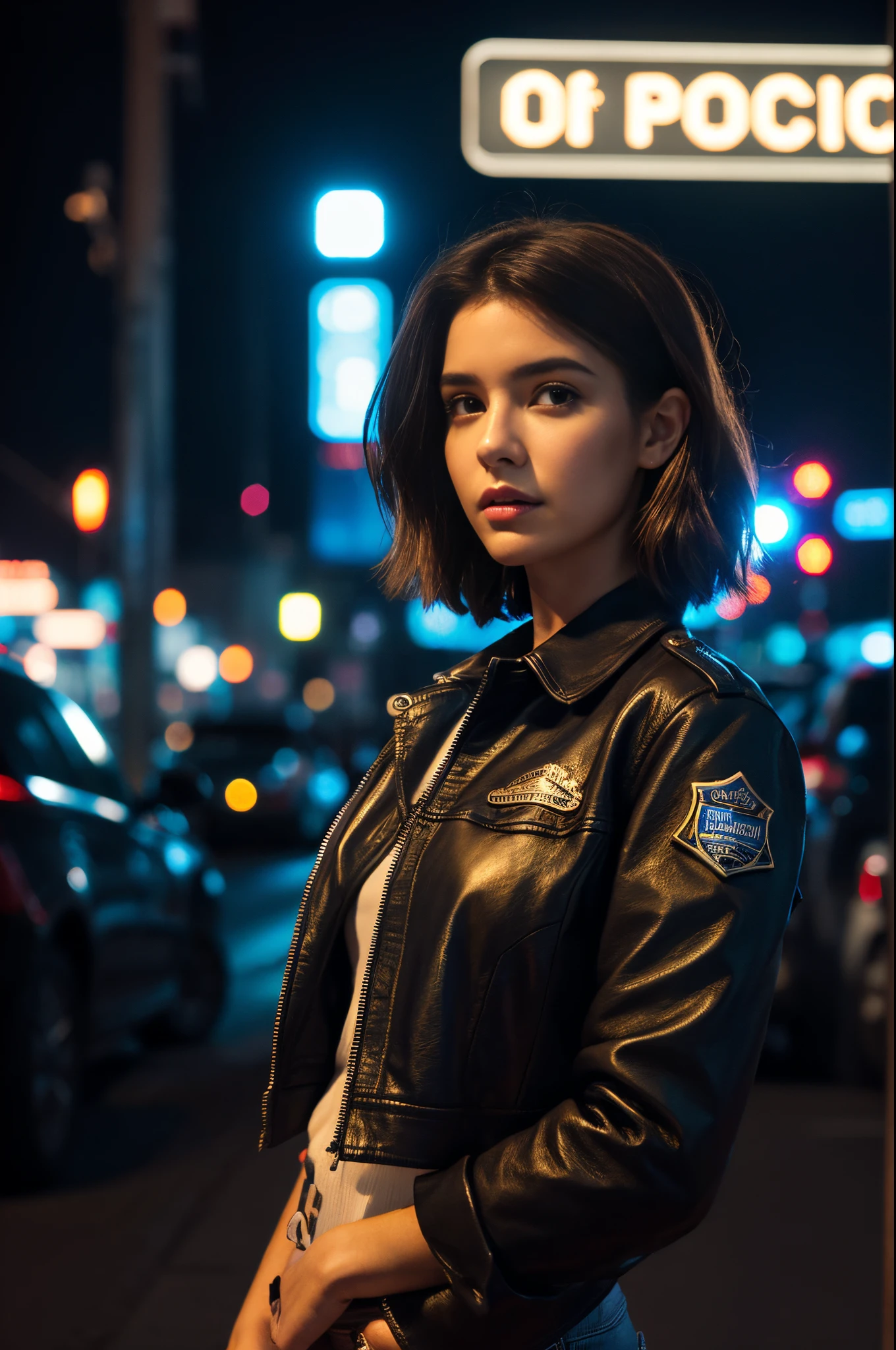 Portrait of Nattorp as a beautiful female model, Georgia Fowler, Beautiful face, with short dark brown hair, in cyberpunk city at night. She is wearing a leather jacket, Black jeans, Dramatic Lighting, (police badge:1.2)