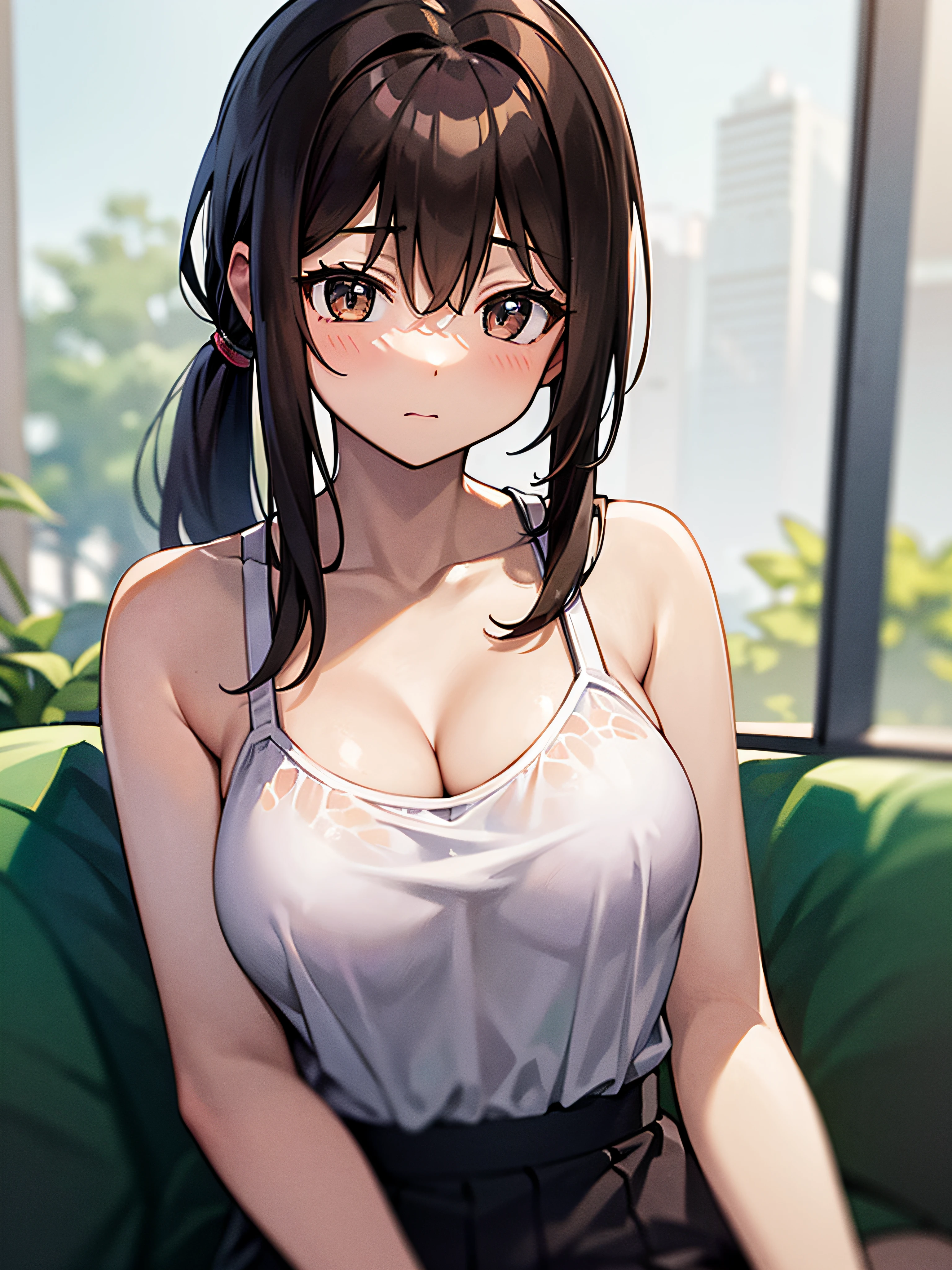 1girl in、As-、Cute underwear、Upper body portrait、Sleeveless、poneyTail、brown haired、Brown-eyed、Long ponytail、M size breasts、High school students、cleavage of the breast、Camisole