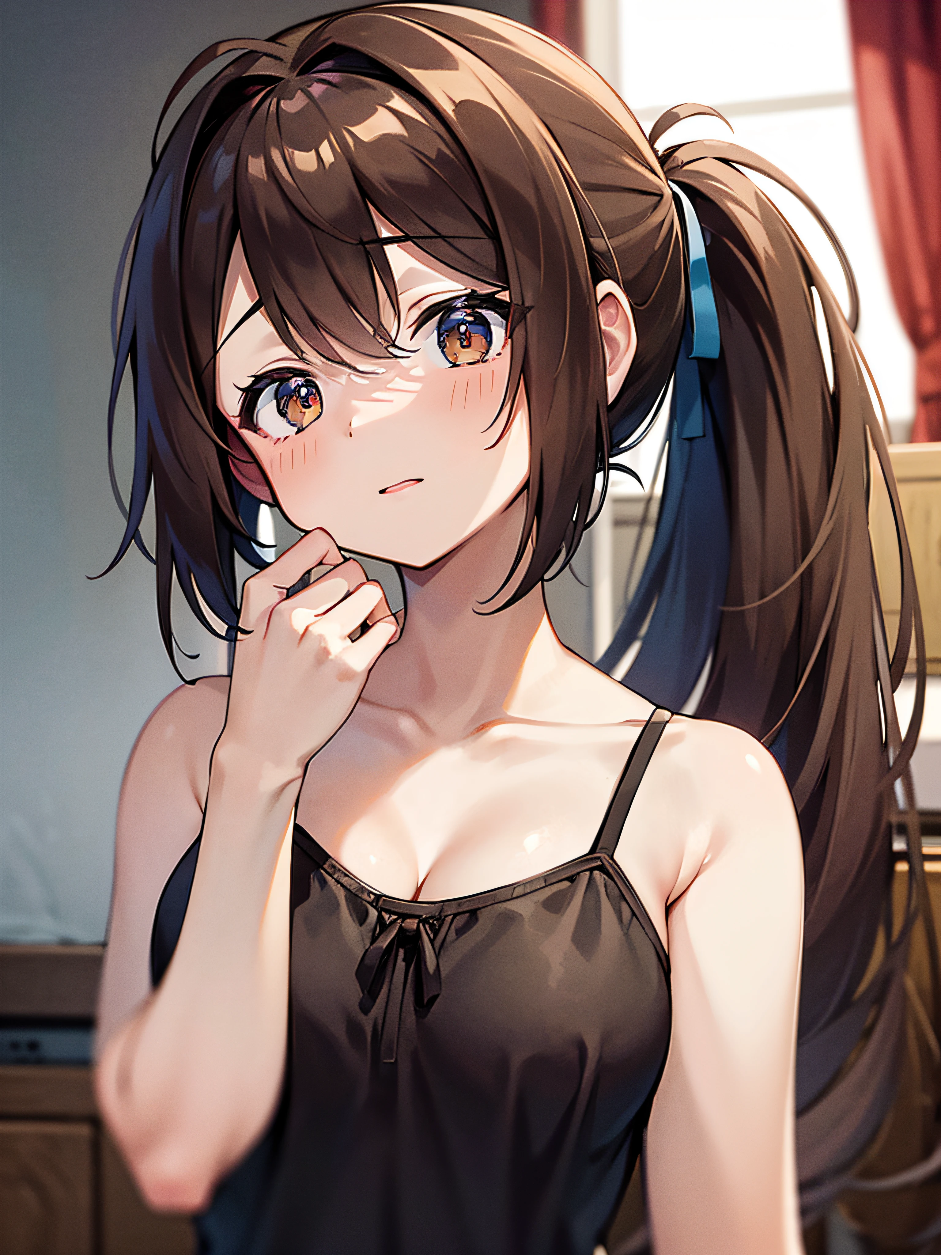 1girl in、As-、Cute underwear、Upper body portrait、Sleeveless、poneyTail、brown haired、Brown-eyed、Long ponytail、M size breasts、High school students、cleavage of the breast、Camisole