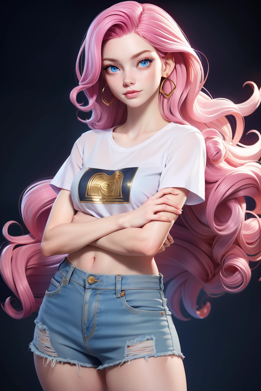 Masterpiece, Best quality, 1 girl, blue eyes, Pale skin, pink hair, Long hair, Curly hair, Gold earrings, jewelry, Japanese, Dark blue cloth background, Solo, Upper body, waring a white t shirt and denim shorts.