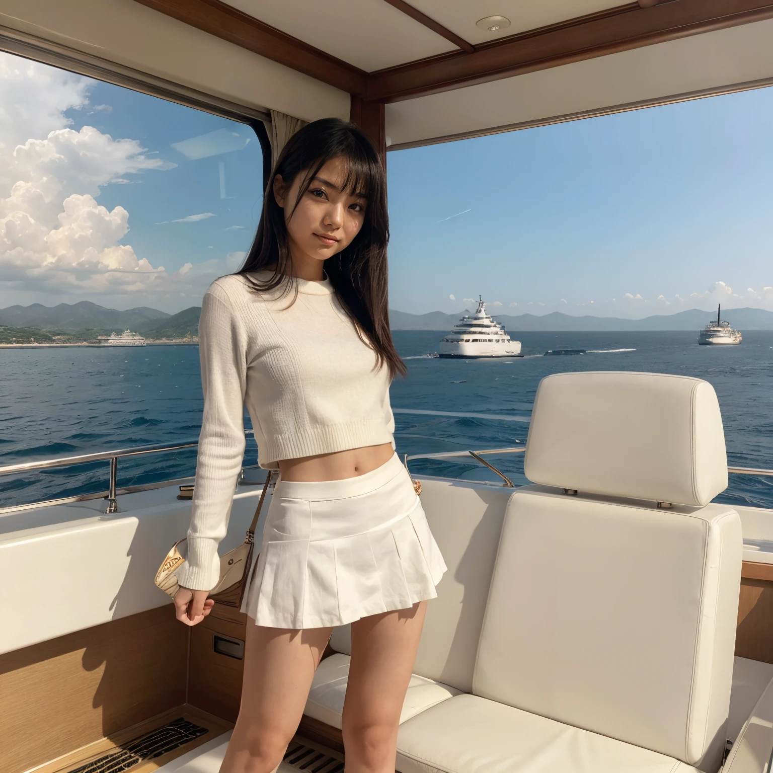 Japanese girl, ship departure, on yacht, miniskirt