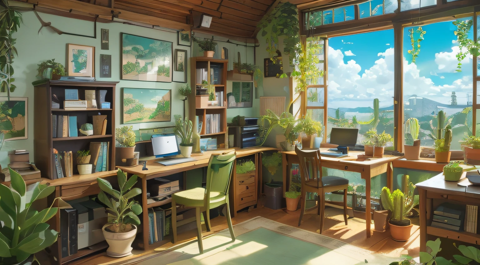 a desk, green plant, panoramic window natural view, The blue sky very detailed, Complicated details, Objects such as monitors and keyboards, There are 4 photos on the wall, succulent plant container, Books, Astrolabe, cactus in container, Ghibli animation style
