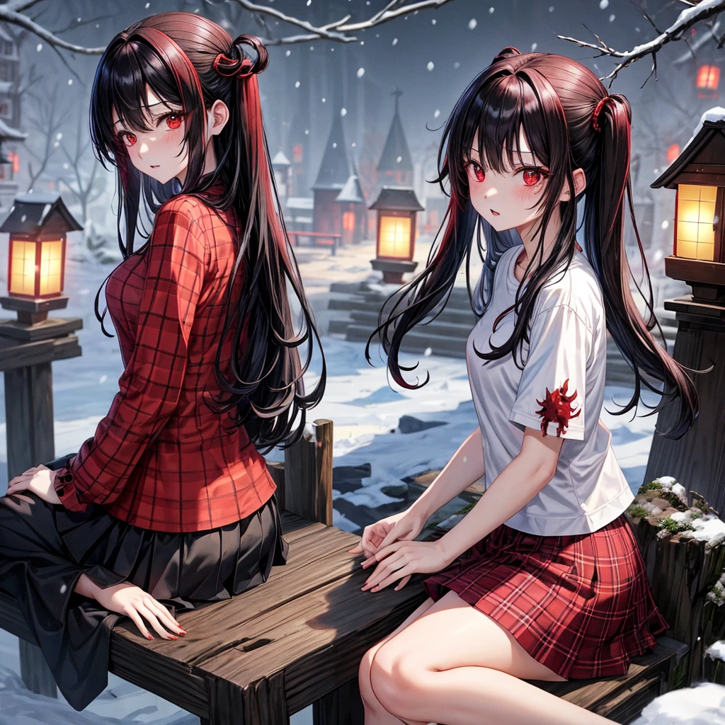 Red-black hair、red eyes、one good looking girl、独奏、animesque、lightly dressed、Plaid miniskirt、wetting hair、sitting on、Black T-shirt、rotting wood、fullmoon、It's snowing、monster castle、lantern、Gates of Hell、I'm looking cold、Looking back