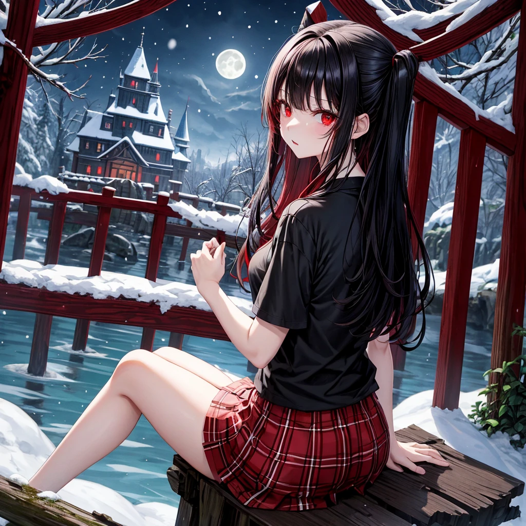 Red-black hair、red eyes、one good looking girl、独奏、animesque、lightly dressed、Plaid miniskirt、wetting hair、sitting on、Black T-shirt、rotting wood、fullmoon、It's snowing、monster castle、lantern、Gates of Hell、I'm looking cold、Looking back