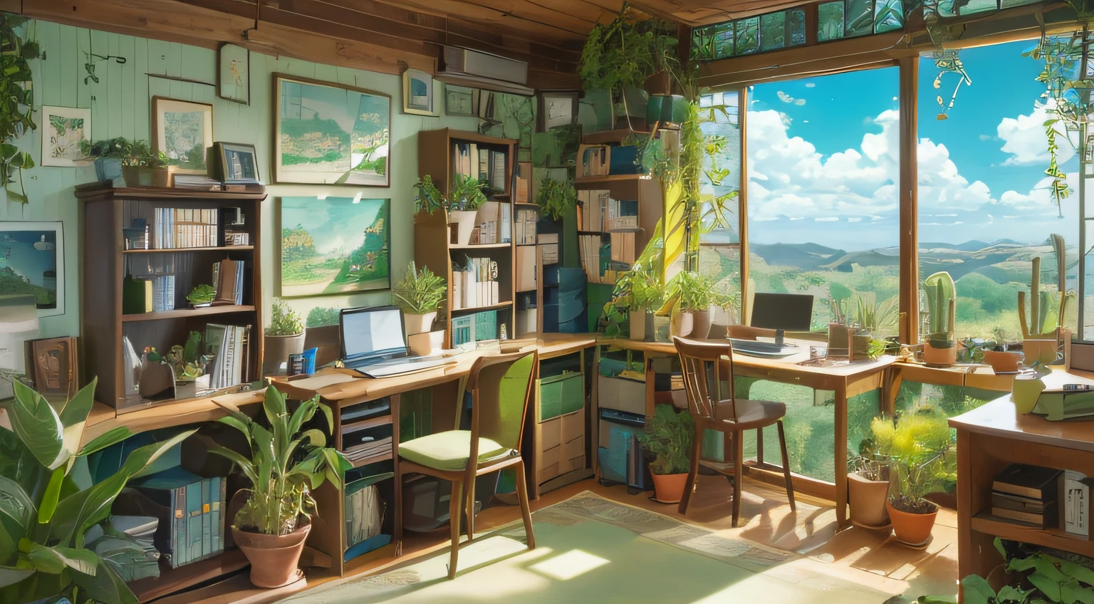 a desk, green plant, panoramic window natural view, The blue sky very detailed, Complicated details, Objects such as monitors and keyboards, There are 4 photos on the wall, succulent plant container, Books, Astrolabe, cactus in container, Ghibli animation style