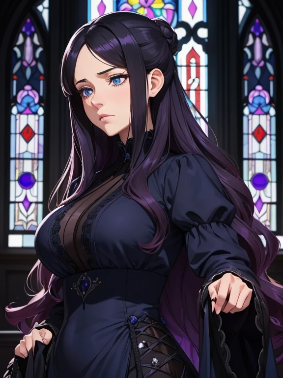 A mature woman with long curly and wavy violet hair, side bangs, hair bun, blue eyes, light skin, melancholic expression, wearing a navy blue gown with black frills and laces, inside of a dark black mansion with black and white stained glass, zoom in