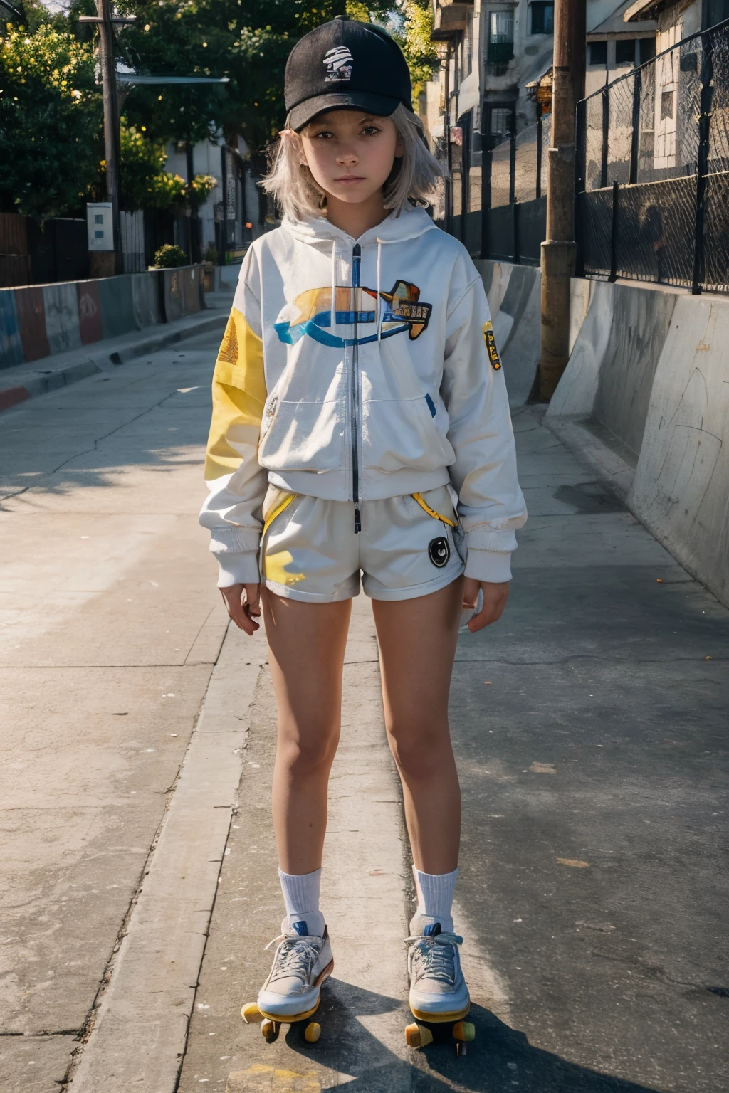Masterpiece, best quality, (very detailed CG Unity 8k wallpaper) (best quality), (best illustration), best shadow, (a girl playing skateboarding: 1.3), , cute, short white hair, cap, sweet cool, shiny details of the eyes, (color flight suit), fashion shorts, (color skateboard: 1.1), pink, yellow, blue, street, rock, (highest quality, amazing details: 1.25), (Solo), brilliant and colorful paintings