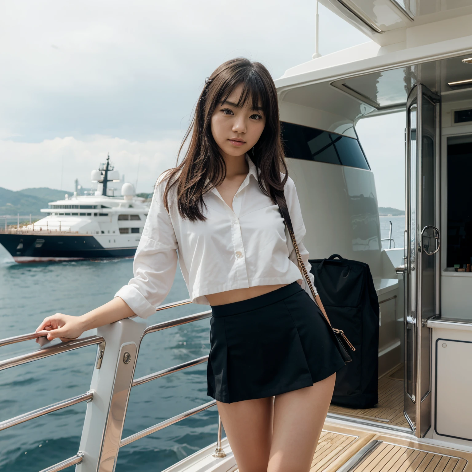 Japanese girl, ship departure, on yacht, miniskirt