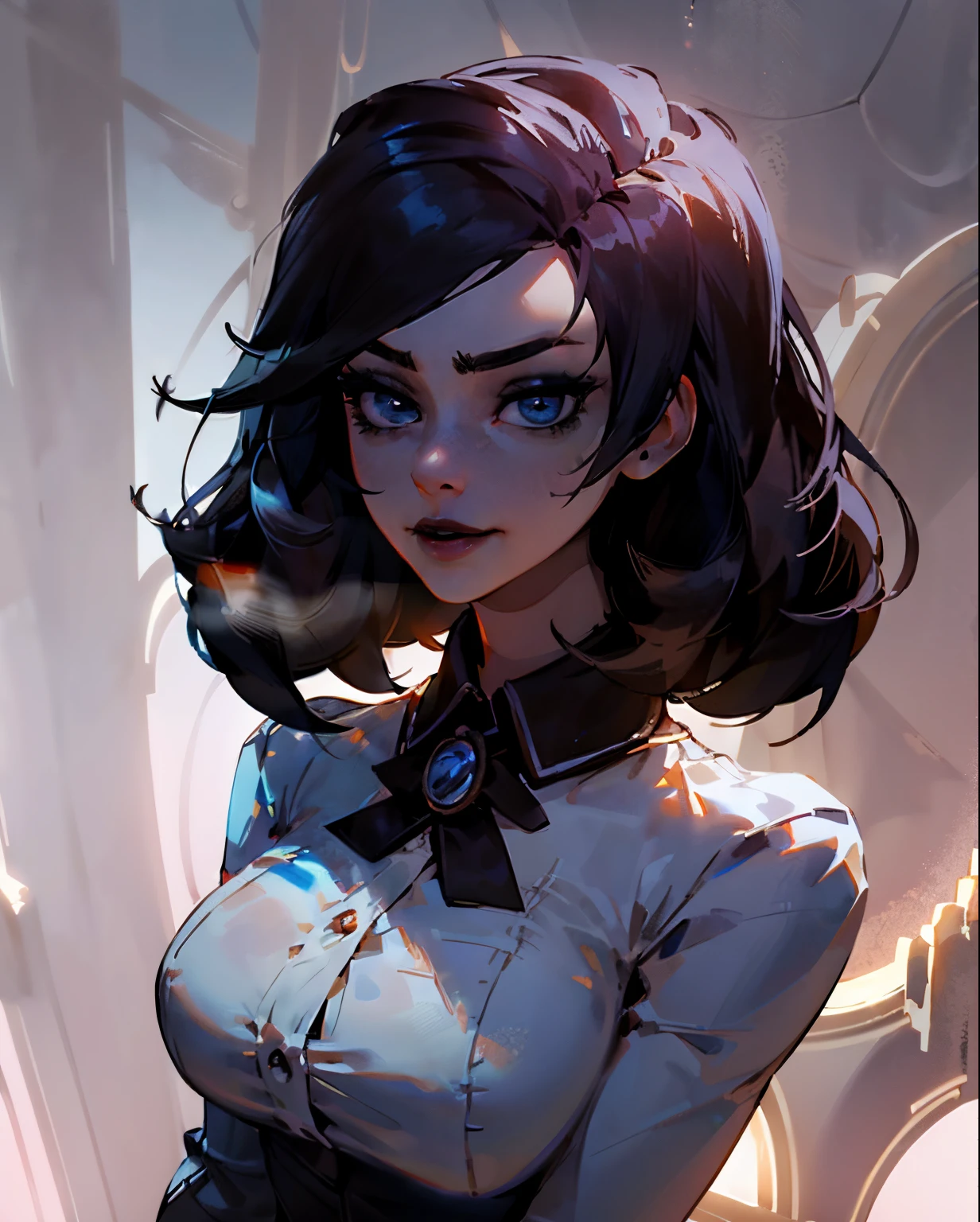 (Detailed Lights, Detailed Shadows), 1Woman, black Hair, (Elizabeth), Bioshock infinite, , White blouse, ((Detailed Eyes)), upper body Portrait, (Black Eyetremely Detailed Clotheodern Clotheeautiful Hair, Muscular, glowing blue eyes, puffy lips, large breasts, Hair Down, Extremely Detailed Background, Beautiful Background