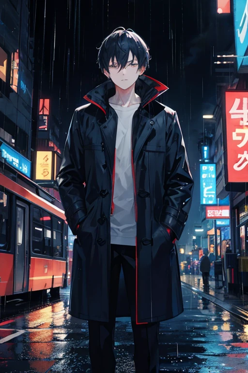 1guy,night city,rain,coat,hands in pockets