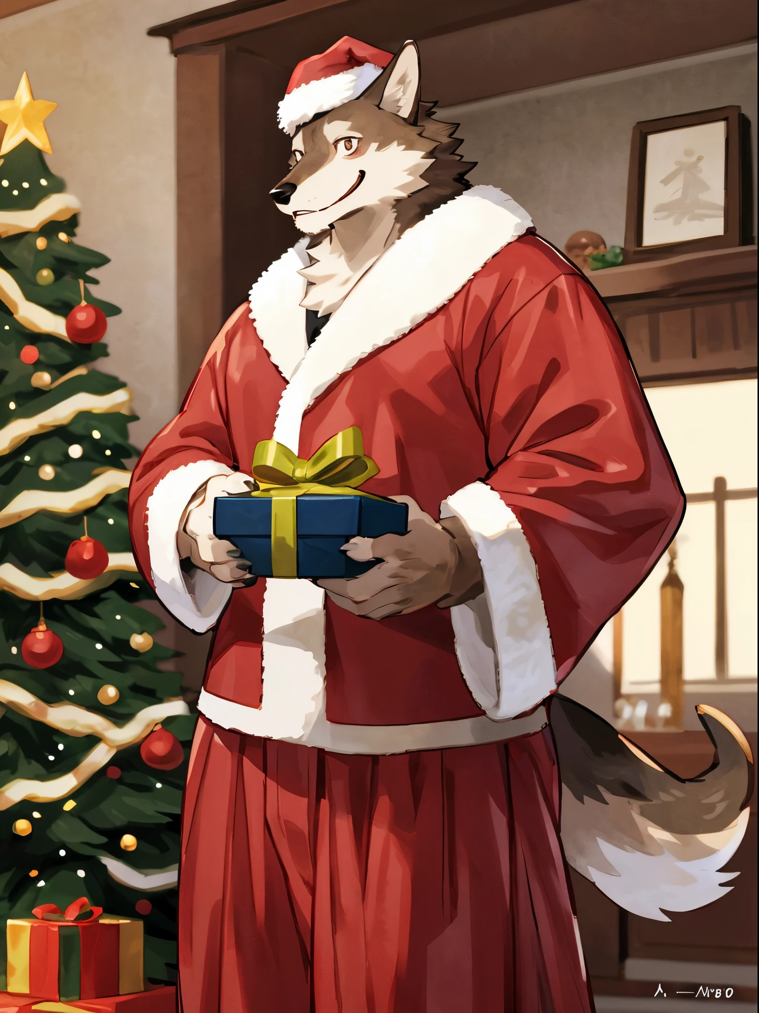 ((By Bebebebebe, by K0BIT0WANI, by Wfa, best quality, masterpiece, perfect anatomy, detailed picture)), anthro, young boy, kemono, wolf, brown furs, tail, dark brown eyes, smile, in the living room, christmas decoration, Christmas tree in the background, bright, Santa Claus outfit Christmas cap, holding a gift