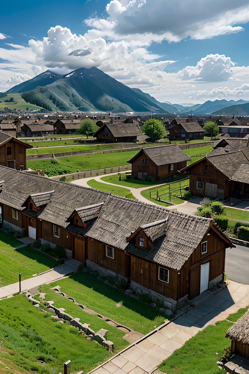 High resolution, 8K, village with modern vernacular architecture, with undulating hills, clouds, sky, mountains, anime style