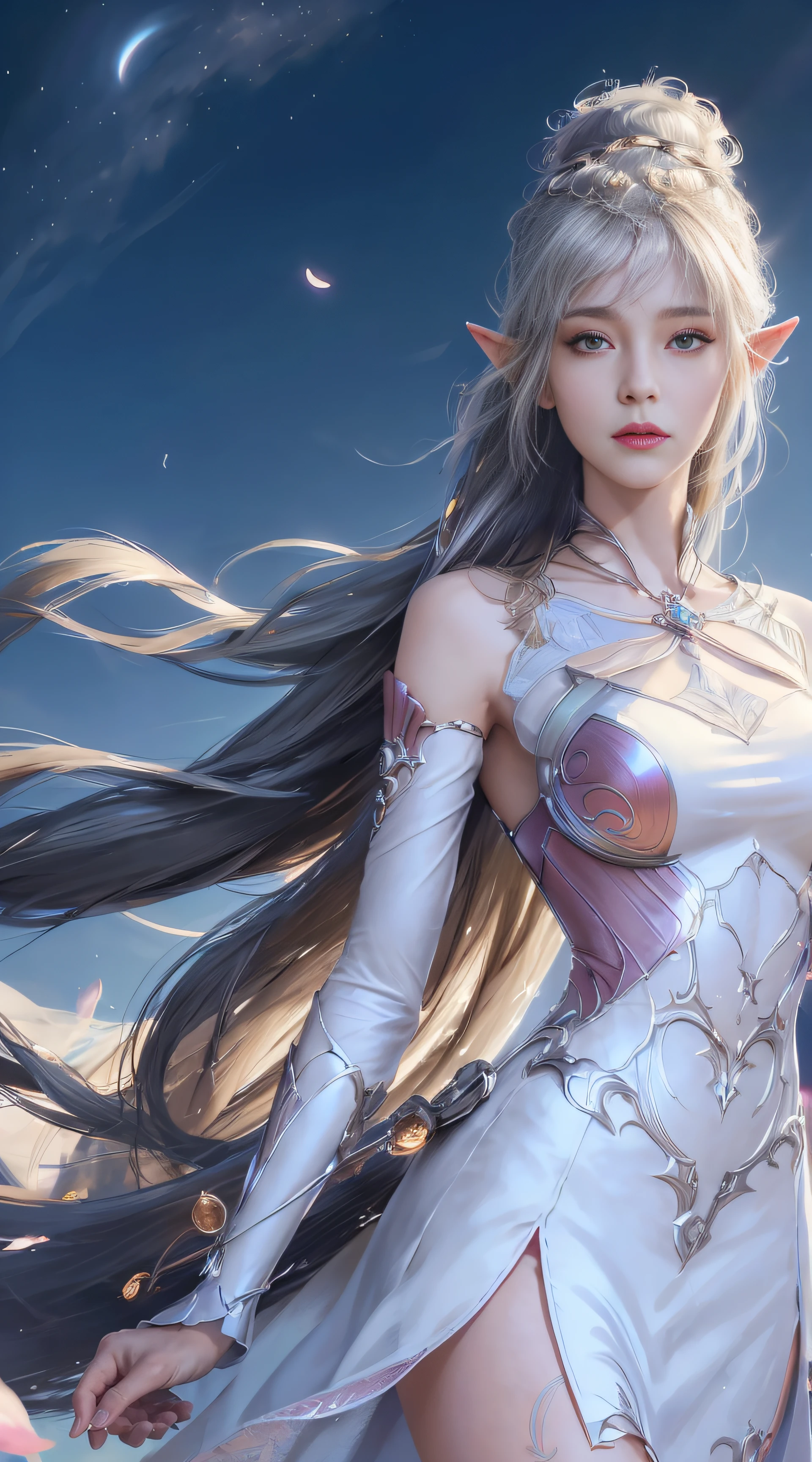 (1girl:1.3), Solo, __body-parts__, Official Art, Unity 8k Wallpaper, Ultra Detailed, Beautiful and Aesthetic, Masterpiece, Best Quality, RAW, Super Fine Photo, Best Quality, Ultra High Resolution, Photorealistic Photorealism, Sunlight, Full Body Portrait, Amazing Beauty, Delicate Face, Vibrant Eyerom the Front), Detailed Face, Gorgeous, Highly Detailed Skin, Realistic Skin Details, Visible Pores, Sharp Focus, Volume Fog, 8K uhd, DSLR, high quality, film grain, fair skin, photo realism, white hair, white hair, elf archer mage, breasts, open eyes, split sleeves, skinny, transparent white robe, transparent panties, white, night sky, crescent moon, magic lights, jewelry, gold accessories, gorgeous accessories, complex, delicate lips, long hair, medium breasts, outdoor, closed lips, petals, peach blossoms, sexy, standing, dynamic pose, upper body