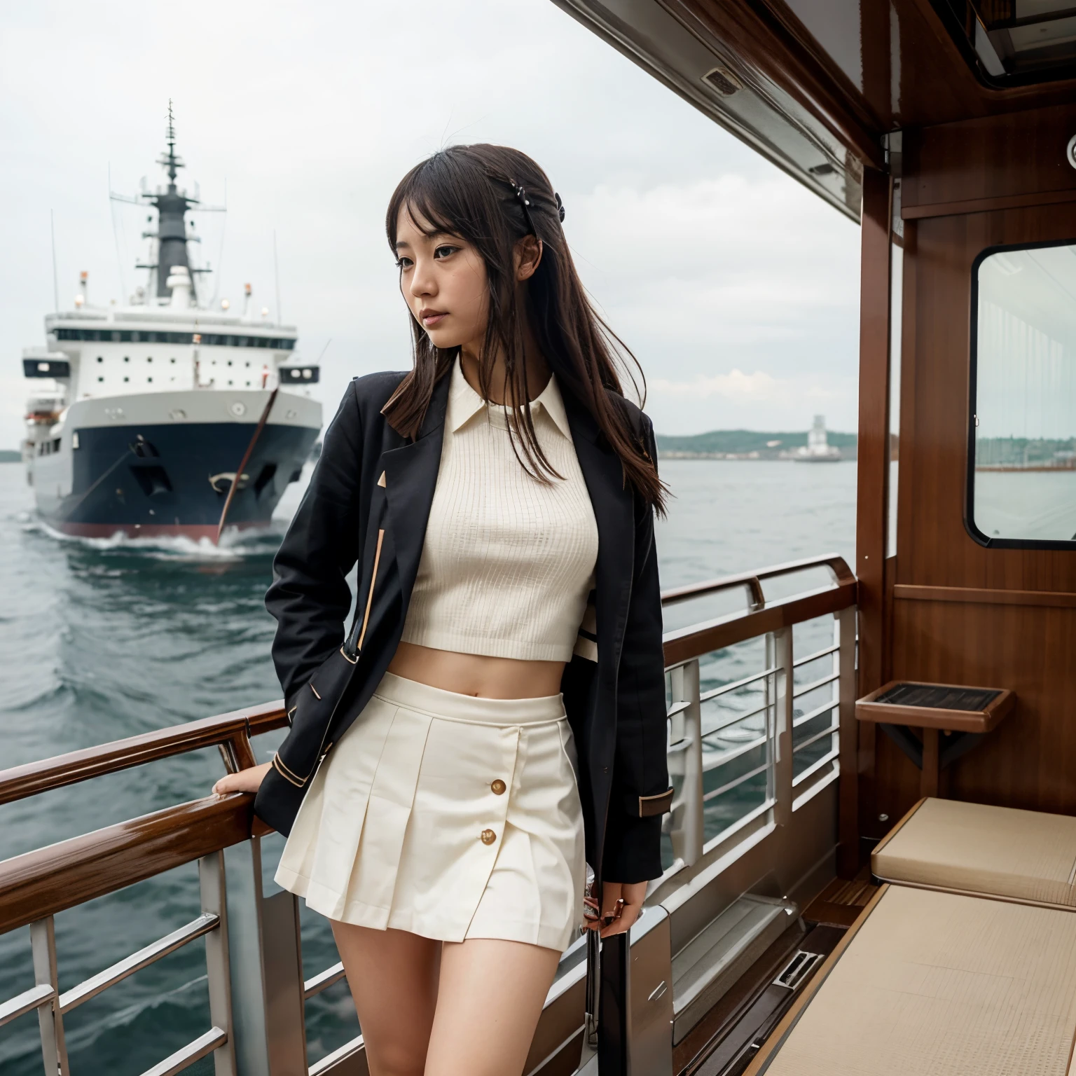 Japanese girl, ship departure, on deck, passenger vessel, miniskirt