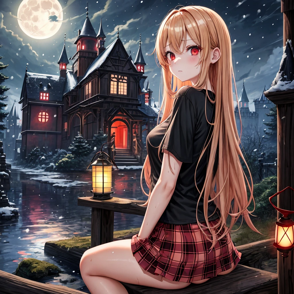 Red-blonde、red eyes、one good looking girl、独奏、animesque、lightly dressed、Plaid miniskirt、wetting hair、sitting on、Black T-shirt、rotting wood、fullmoon、It's snowing、monster castle、lantern、Gates of Hell、Looking back