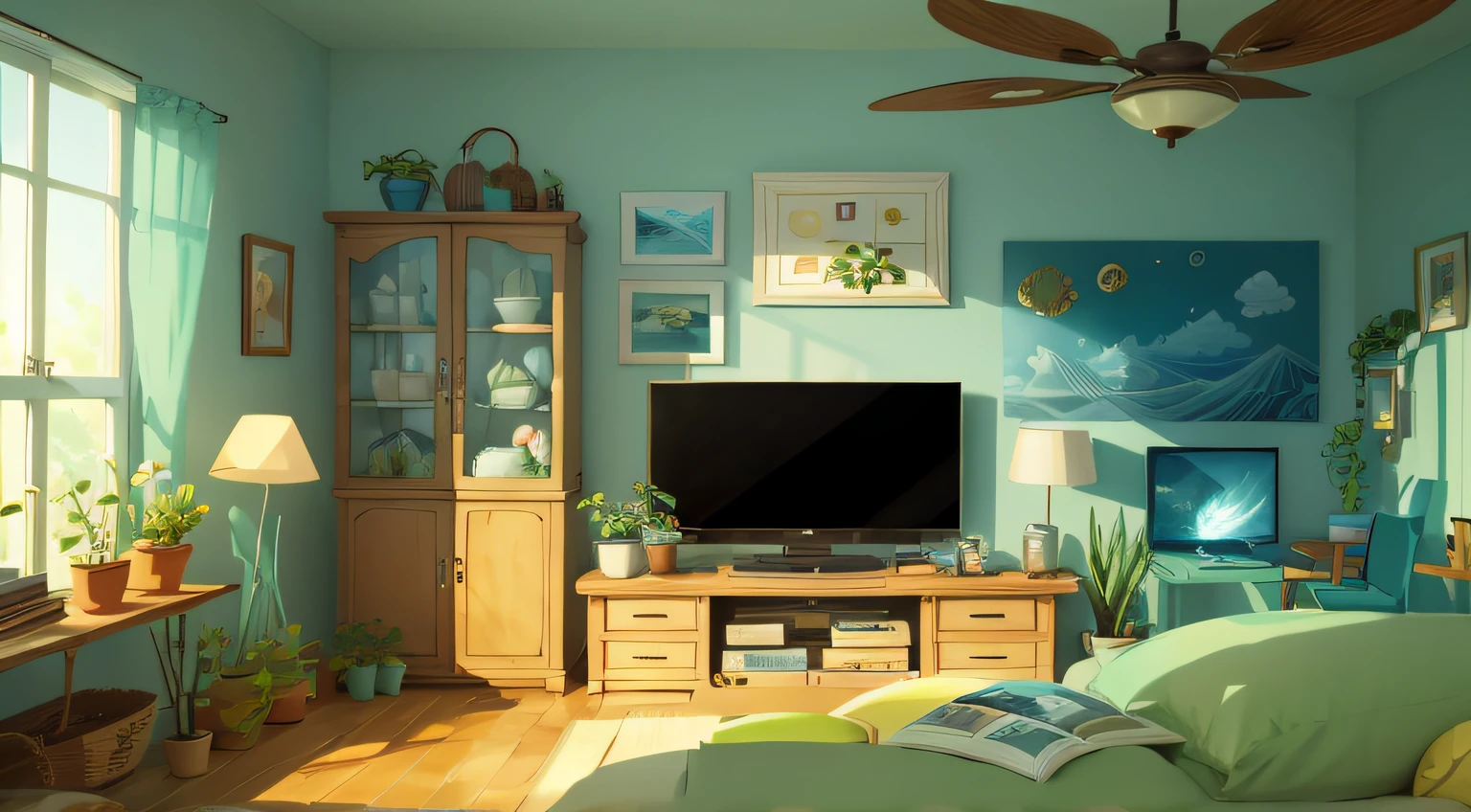 tmasterpiece，Best quality，the sea song， （Plant sheds：1.3）， a plant， sofe，tv show，fish tank， inside a room， liveroom，glass， 's ， textur， 2D illustration，