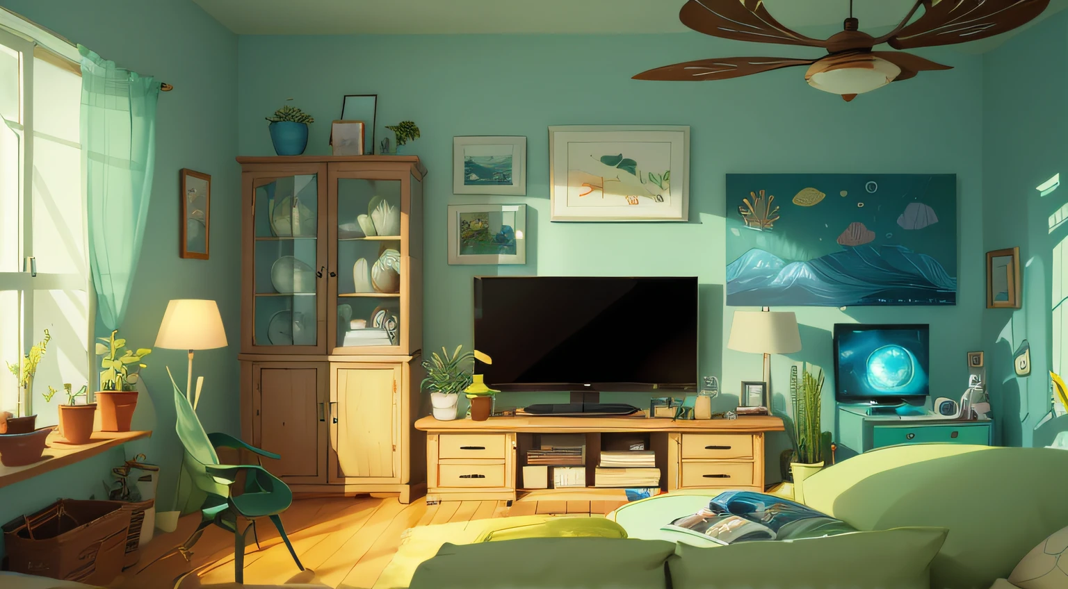 tmasterpiece,Best quality,the sea song, (Plant sheds:1.3), a plant, sofe,tv show,fish tank, inside a room, liveroom,glass, 's , textur, 2D illustration,