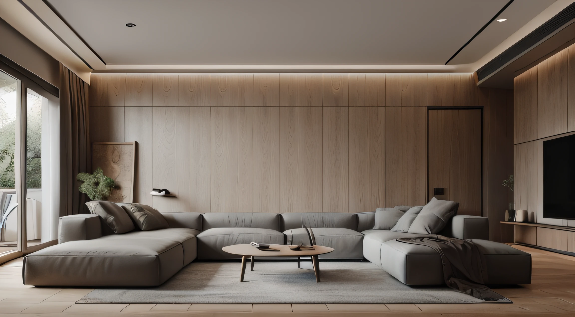 Celing concrete colour taupet, modern living room, 4k quality, archviz render, the view  behing the couches, shaped sofa, 2 couches, a modern dor on the left of the sofa looking towards a beatiful veranda, modern tv shelf, led stripe on the tv shelf, spot lights on the celing, and a celing, light, wooden floor, walls taupe coolor, pastel, One L shaped sofa and 2 couches, 18 spot lights on the celing, celing not made with wood. L shaped sofa backed into a wall, sofas are backed from the open balcony door, 62 diameterd spots on the celing, RAW photo, (high detailed skin:1.3), 8k uhd, dslr, soft lighting, ultra quality, film grain, Fujifilm XT3, sharp image, best qualitym, authentic, hight quality