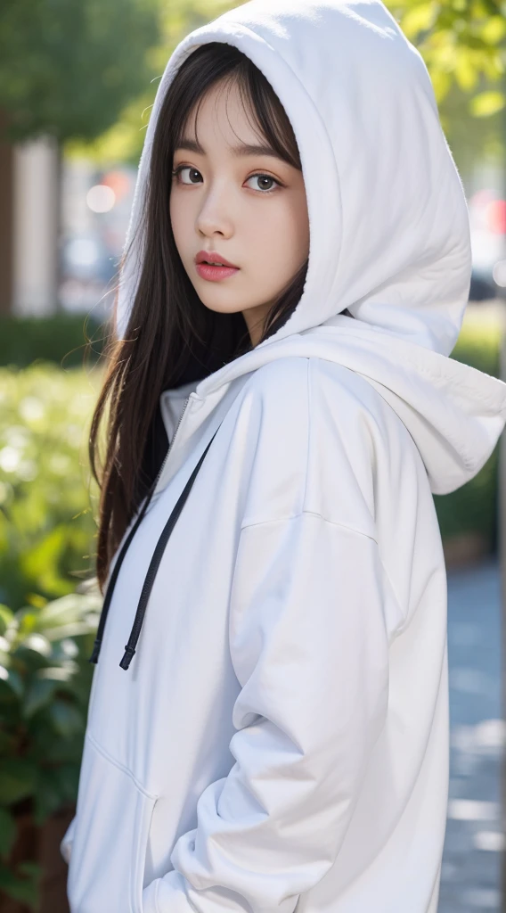 best quality,masterpiece, megapixel, ultrahigh resolution, extremely detailed CG unity 8k wallpaper, official art, pureerosface_v1, ulzzang-6500-v1.1,,1girl, hood, solo, hood_down, hoodie, white_hoodie, looking_at_viewer, black_hair, hooded_jacket, realistic, outdoors, upper_body, looking_to_the_side