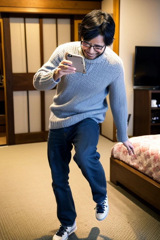 man looking at smartphone,I&#39;m so happy I&#39;m jumping up and down,a smile,30 year old Japanese man,I have a smartphone,I have a smartphone,up of face,Being in the room
