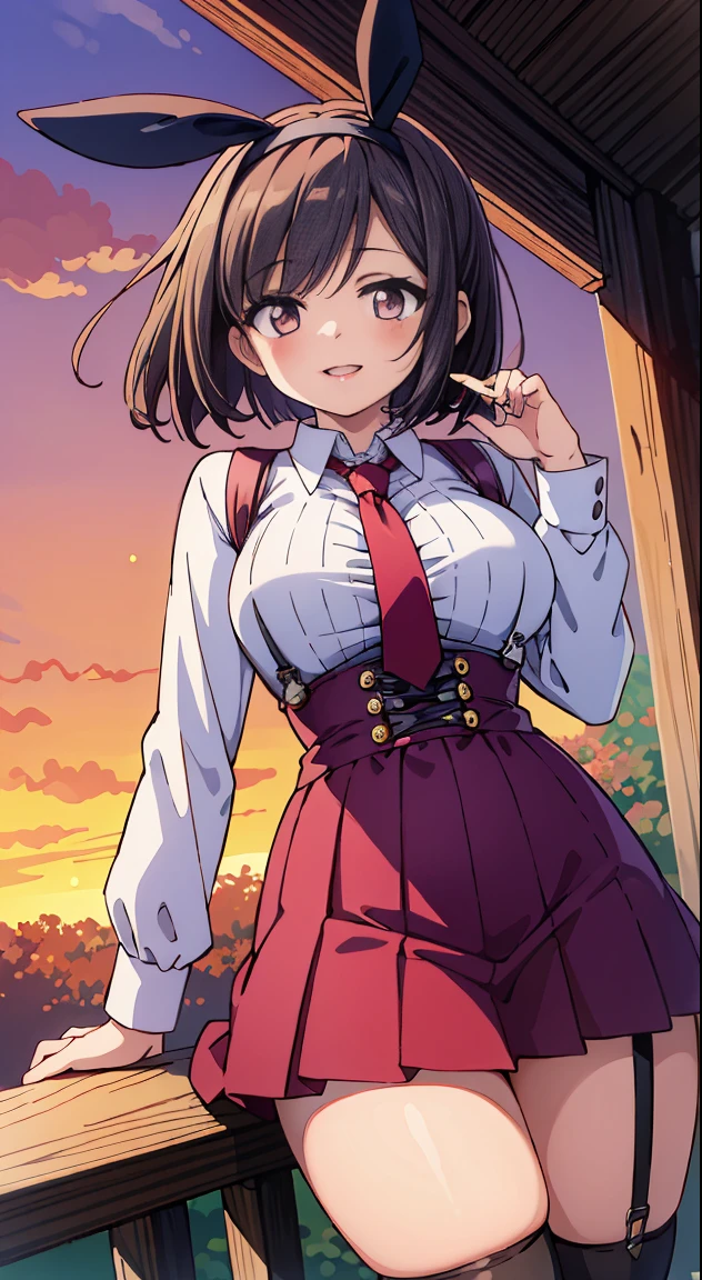 masutepiece,Best Quality,(Cute illustration:1,2),(Absurd realistic structure details),(High resolution complex and detailed text quality),(High-resolution microstructure,High poly 3 boobs D rendering correction),Methods of geometry,Careful explanatory anatomy,

 Beautiful Girl, (17 years old girl), Very detailed, colourfull, highest details, 1 beautiful girl, Solo,(Cute:1.5),(Chibi:0.8), (kawaii:1.5),(Lori:0.5),(girl, Cute, Cheerful, Loli face, slightly bulging chest),(A dark-haired,Disheveled short bob,tareme,Pink eyes:1.55),(sano,A smile,Bad face:1.2), (White rabbit ear headband:1.2),Shiny skin,Clear skin, Beautiful skin,(best quality face),(Top quality glowing eyes), (The best smile,Doya face:1.45), BREAK is BREAK (white and black theme:1.4), (black fake bunny ears:1.3), (fusion of long sleeve white collared-shirt and black corset with suspenders:1.5), (black fishnet stockings:1.3), (high heels:1.1),
BREAK (red theme:1.3), (red tie:1.4), (red pleated skirt:1.4),
 

BREAK, 鎖骨,Hair intake, Hand up, Navel, Parted lips, Solo, Stomach,architecture, Blue sky, (autumn forest:1.2), wooden building, Kiyomizu-dera Temple, balconies, Blue sky, crystal clear skies, Blurry background, longshot, Standing, Sunset, Thighs Thighs Thighs\), Twilight,Happy,Laugh,blush,Opened mouth,Closed eyes,Beautiful sunset,Twilight,Backlighting,Waterfall,depth of fields,

 BREAK,wakame,wakame,wakame,(Dynamic Angle:1.4), 

BREAK,(Blurry background:1.3),(absurderes, hight resolution, Super Detail Art),cel shading,Clear Color, Lonely optical effect, Beautiful pictures, Bright glow, mystic atmosphere,(Close-up of girl:1.1), Mystical light particle effect,manga influence, clean line drawings,