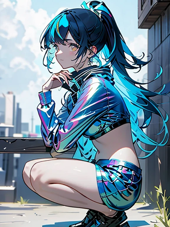 ((masterpiece、top-quality:1.5、a high chroma:1.5、ultra-detailliert、high-resolution illustrations:1.5、Ultra-high-definition CG、8k size wallpaper、offcial art))、(front view:1.5),(1woman,),(cute face:1.5,cute eyes:1.5)、(seductive smile:1.3)、(sexy body),(squatting:1.5),(maikurobikini:1.5)、((Metallic Blue、:1.5))、,(fluorescence multicolored hair:1.5), (large breasts:1.1)、(oil skin:1.5),(curvy:1.3)、
,(shine yellow Eyes:1.5),(midsummer beach strong sunlight:1.5)、(cowboy shot:1.5)、