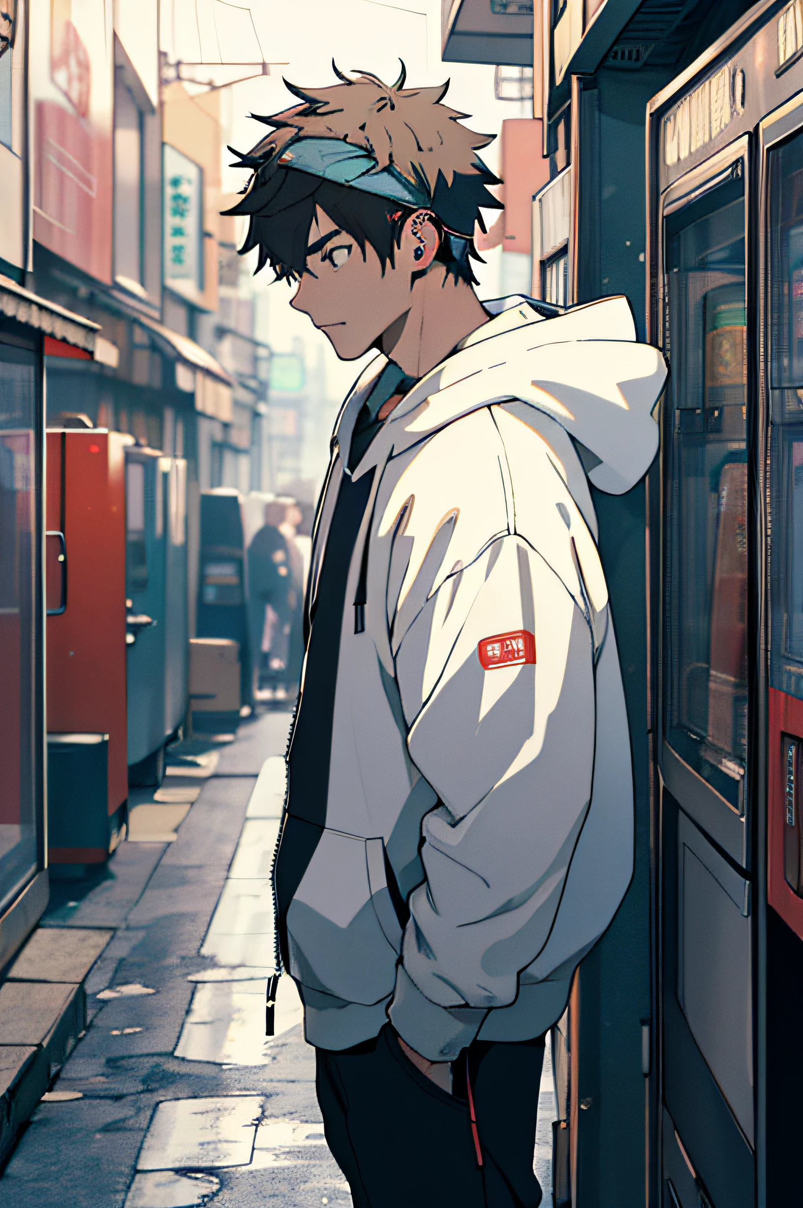 Shibuya, back alley, vending machine in background, hoodie on head, from above, (8k, RAW photo, best quality, masterpiece:1.2), boy in 20s with headphones around neck