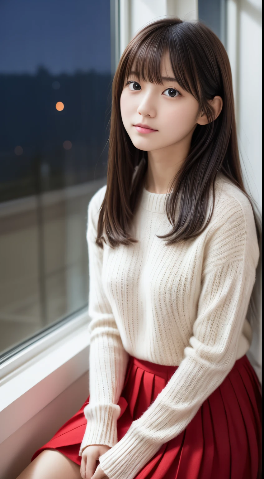 1girl in, 、15 Japanese avure models, (cute little, a beauty girl:1.2), Modest big, Clean facial skin, 𝓡𝓸𝓶𝓪𝓷𝓽𝓲𝓬,Beautiful Christmas Night:1.2, (Look up at the night sky outside the window:1.5)、(room with christmas tree:1.2),  (fluffy white wool sweater:1.2),  red scarf, (Red pleated skirt),   A dark-haired、With bangs、BREAK masterpiece, Best Quality, hight resolution, Detailed skin, Detailed face and eyes, Hi-Res, Natural lighting, Perfect Anatomy, Physically-based rendering, Photorealistic, symmetric clear eyes, Well-groomed face,Teenage girl, Perfect figure, Transparency, Modest big, hposing Gravure Idol,