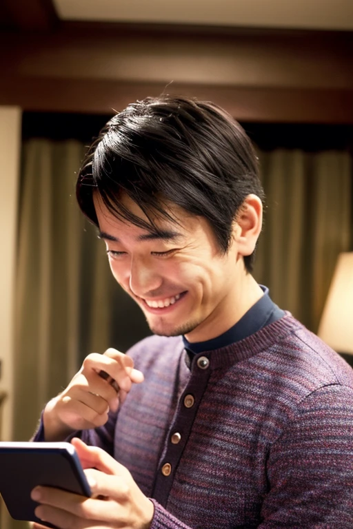 man looking at smartphone,I&#39;m so happy I&#39;m jumping up and down,a smile,30 year old Japanese man,I have a smartphone,I have a smartphone,up of face,Being in the room