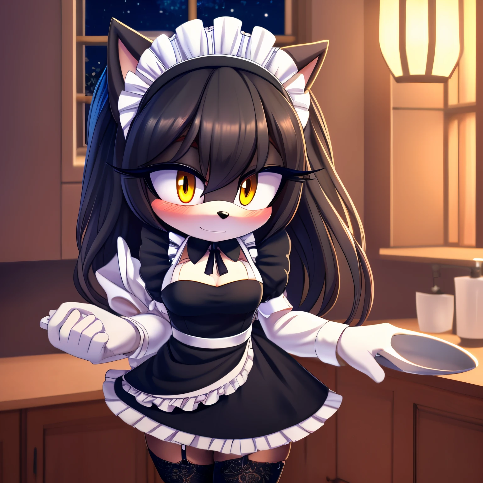Mobian, female, hedgehog, grayish black fur, long hair, feminine eyelashes, , hair bangs, perfect feminine figure, intricate details, (detailed background:1.3), anime style, night, inside house, sharp focus, blushing, embarrassed, standing, furry female, (solo), sundown, yellow eyes, hair over one eye, ((maid dress)), lace thigh high stockings, a white gloves, ((best quality))