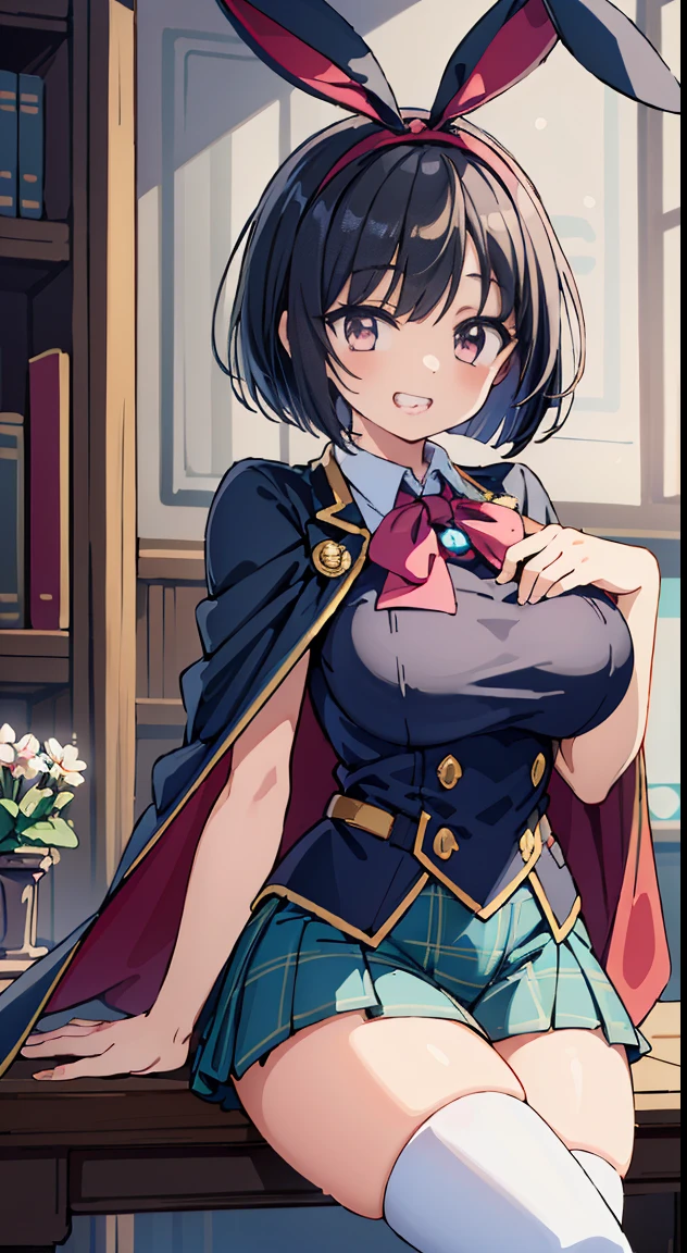 (Cute illustration:1,2),(Absurd realistic structure details),(High resolution complex and detailed text quality),(High-resolution microstructure、High poly 3 boobs D rendering correction),Methods of geometry,Careful explanatory anatomy,
BREAK,
beautiful girl, ( girl), Very detailed, colourfull, highest details, 1 beautiful girl, Solo,(Cute:1.5),(Chibi:0.8), (kawaii:1.5),(Lori:0.5),(girl, Cute, Cheerful, Loli face, slightly bulging chest),(A dark-haired,Disheveled short bob,tareme,Pink eyes:1.55),(sano,A smile,Bad face:1.2), (White rabbit ear headband:1.2),Shiny skin,Clear skin, Beautiful skin,(best quality face),(Top quality glowing eyes), (The best smile,Doya face:1.45), BREAK, Witch Hat,
(grin, 😀, Smirk), Open mouth, angry, droolng, (tag(School uniform:1.1), Fantasy costume,
(Sorcerer'cloak of, Black cloak), (Collared shirt, White shirt), (Miniskirt:1.2), (Green skirt, Pleated skirt), (plaid skirts:1.1), (thick thighs:1.2), (black kneehighs:1.2), (zettai ryouiki:1.3),BREAK, (Magic books are spread out on the table:1.2), Stacked books,
(Girl sitting on chair with legs crossed:1.2), 1 person'Hands raised, Detailed hand,
BREAK,(day), Indoor, medieval fantasy archives, gothic library, Magic Book, bookcase, 1 table, 1 chair, 1 lantern, basements, darkened room, (Countless crystals floating in the air:1.2), (big chunks :1.2), Waterfall,depth of fields,
BREAK,wakame,wakame,wakame,(Cowboy Shot:1.4),
BREAK,(Blurry background:1.3),(absurderes, hight resolution, Super Detail Art),cel shading,Clear Color, Lonely optical effect, Beautiful pictures, Bright glow, mystic atmosphere,(Close-up of girl:1.1), Mystical light particle effect,manga influence, clean line drawings,
Ryu, Ryu, Ryu, Ryu, Ryu, Ryu, Ryu, Ryu, Ryu, Ryu, Ryu, Ryu