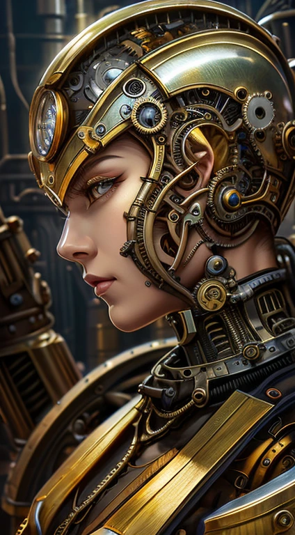 Artwork in the style of Vladimir Kush, Highly detailed and intricate depictions of mechanical or cybernetic faces by WLOP and James Jean, May be inspired by steampunk and futuristic themes. the face, asian features, Metal and mechanical parts, kinako