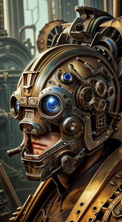 Artwork in the style of Vladimir Kush, Highly detailed and intricate depictions of mechanical or cybernetic faces by WLOP and James Jean, May be inspired by steampunk and futuristic themes. the face, asian features, Metal and mechanical parts, kinako