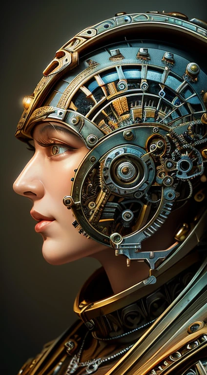 Artwork in the style of Vladimir Kush, Highly detailed and intricate depictions of mechanical or cybernetic faces by WLOP and James Jean, May be inspired by steampunk and futuristic themes. the face, asian features, Metal and mechanical parts, kinako