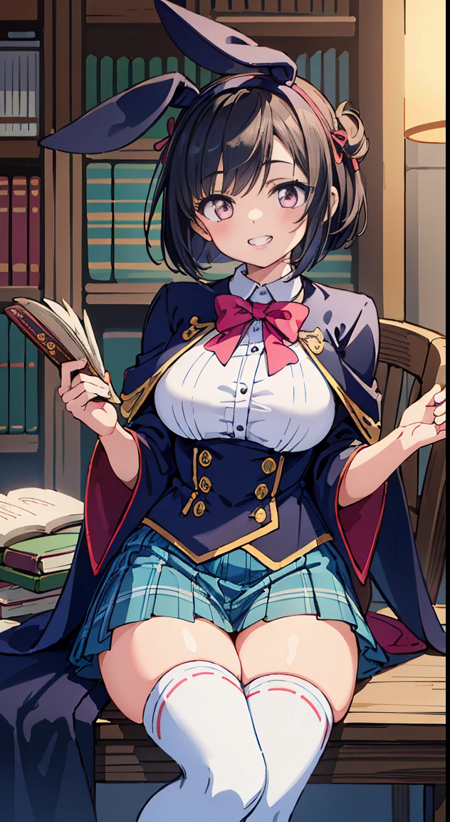 (Cute illustration:1,2),(Absurd realistic structure details),(High resolution complex and detailed text quality),(High-resolution microstructure、High poly 3 boobs D rendering correction),Methods of geometry,Careful explanatory anatomy,
BREAK,



beautiful girl, (17 years old girl), Very detailed, colourfull, highest details, 1 beautiful girl, Solo,(Cute:1.5),(Chibi:0.8), (kawaii:1.5),(Lori:0.5),(girl, Cute, Cheerful, Loli face, slightly bulging chest),(A dark-haired,Disheveled short bob,tareme,Pink eyes:1.55),(sano,A smile,Bad face:1.2), (White rabbit ear headband:1.2),Shiny skin,Clear skin, Beautiful skin,(best quality face),(Top quality glowing eyes), (The best smile,Doya face:1.45), BREAK, Witch Hat,
(grin, 😀, Smirk), Open mouth, angry, droolng, (tag(School uniform:1.1), Fantasy costume,
(Sorcerer&#39;cloak of, Black cloak), (Collared shirt, White shirt), (Miniskirt:1.2), (Green skirt, Pleated skirt), (plaid skirts:1.1), (thick thighs:1.2), (black kneehighs:1.2), (zettai ryouiki:1.3),BREAK,  (Magic books are spread out on the table:1.2), Stacked books,
(Girl sitting on chair with legs crossed:1.2), 1 person&#39;Hands raised, Detailed hand,



BREAK,(day), Indoor, medieval fantasy archives, gothic library, Magic Book, bookcase, 1 table, 1 chair, 1 lantern, basements, darkened room, (Countless crystals floating in the air:1.2), (big chunks :1.2), Waterfall,depth of fields,

 BREAK,wakame,wakame,wakame,(Cowboy Shot:1.4), 

BREAK,(Blurry background:1.3),(absurderes, hight resolution, Super Detail Art),cel shading,Clear Color, Lonely optical effect, Beautiful pictures, Bright glow, mystic atmosphere,(Close-up of girl:1.1), Mystical light particle effect,manga influence, clean line drawings,         


Ryu, Ryu, Ryu, Ryu, Ryu, Ryu, Ryu, Ryu, Ryu, Ryu, Ryu, Ryu