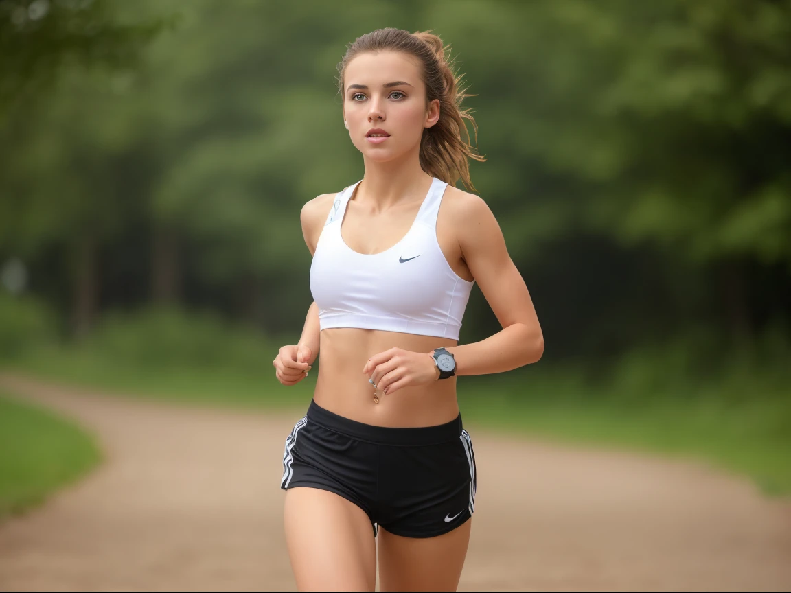 (((masterpiece))), ((one) girl 22 year old) (((Caucasian))) ((small breast)) French girl with shoulder length messy  brunette hair, she  petite, wearing running gear and ((sports watch)), she running, outdoor running track, taken with, Canon 85mm lens, extreme quality, heavily retouched, heavy makeup, very high quality, flawless beauty,