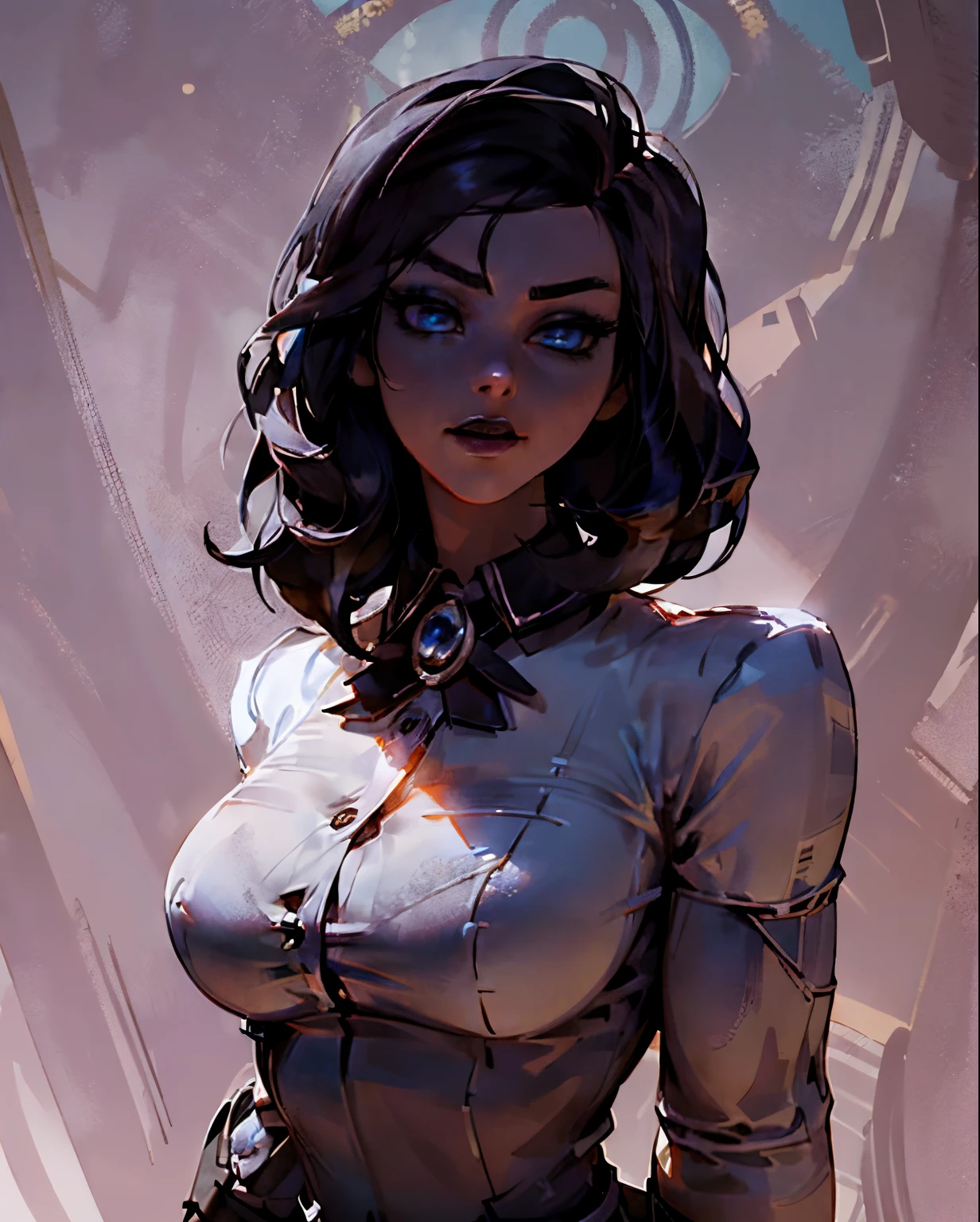 (Detailed Lights, Detailed Shadows), 1Woman, black Hair, (Elizabeth), Bioshock infinite, , White blouse, ((Detailed Eyes)), upper body Portrait, (Black Eyetremely Detailed Clotheodern Clotheeautiful Hair, Muscular, glowing blue eyes, puffy lips, large breasts, Hair Down, Extremely Detailed Background, Beautiful Background