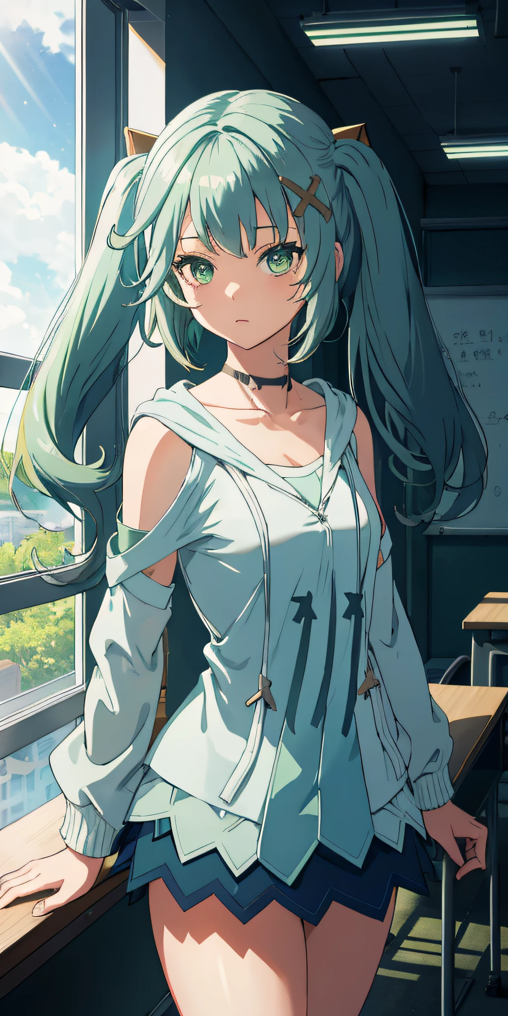 1girl in, Green hair, Farzandev, Twin-tailed, jacket with parka, crass room, llight rays, Glow, thighs thighs thighs thighs, 鎖骨, Narrow waist, (masutepiece), Wallpaper,