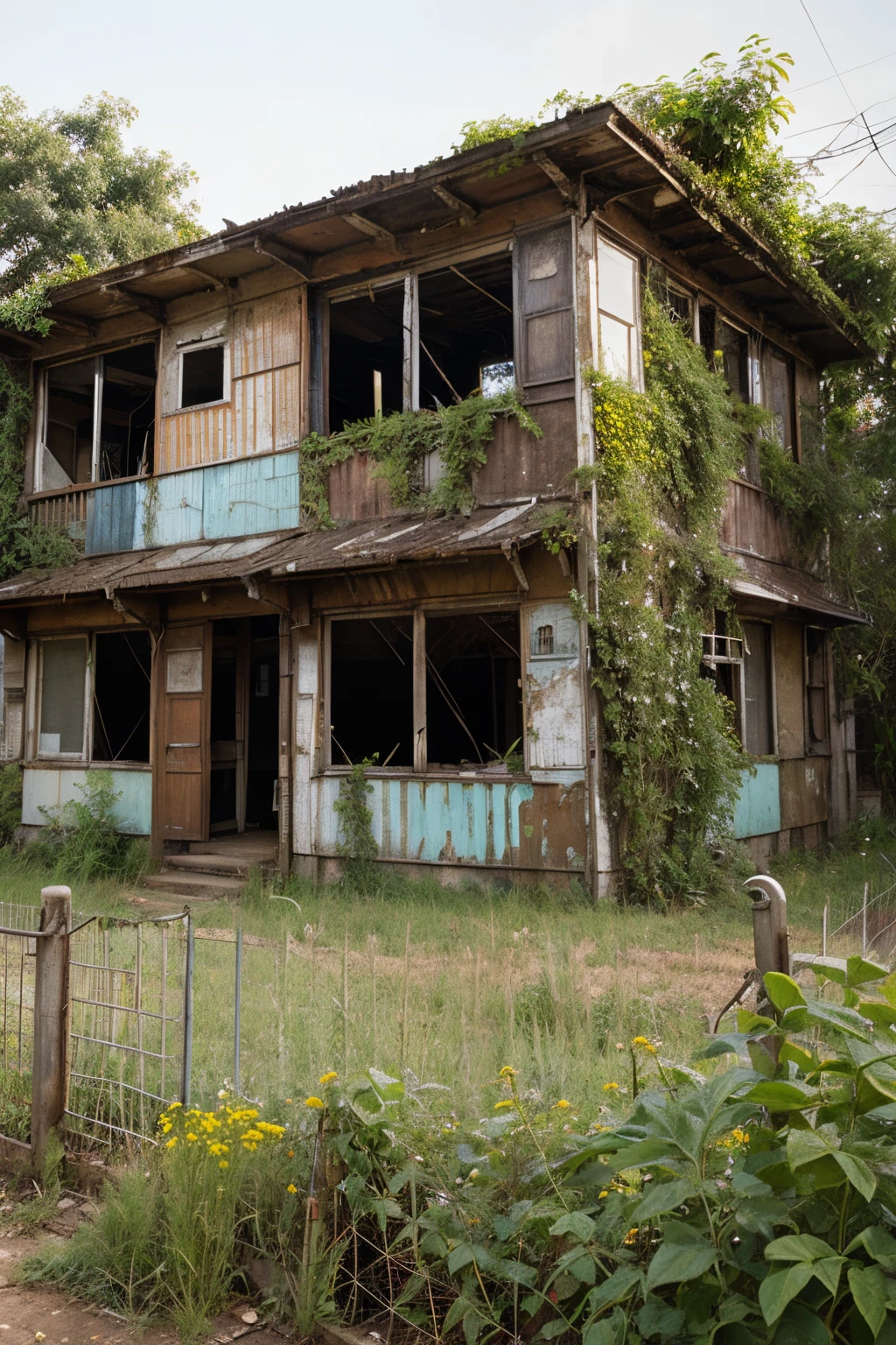 An overgrown and dilapidated building surrounded by weeds and worn-out fences.