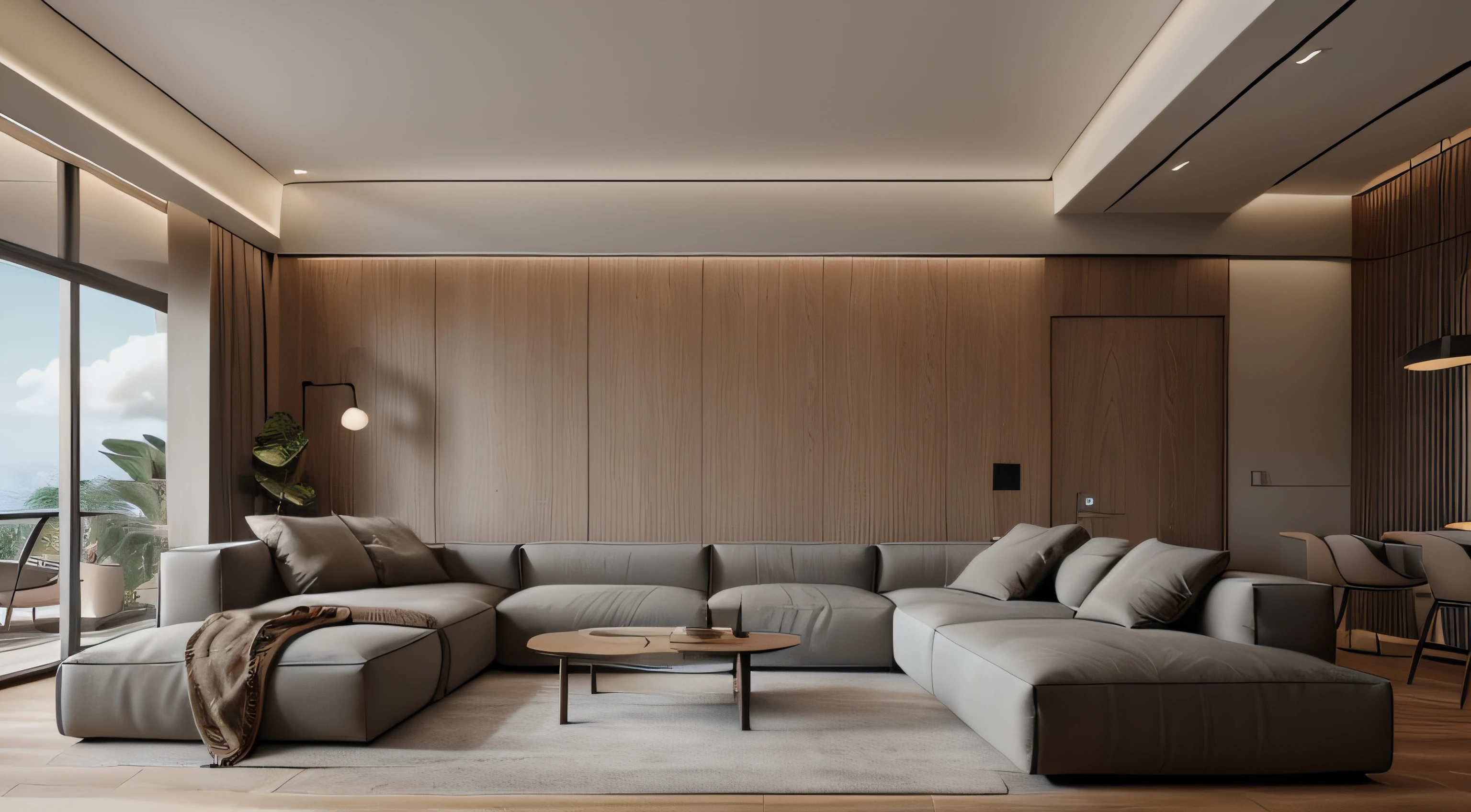 Celing concrete colour taupet, modern living room, 4k quality, archviz render, the view  behing the couches, shaped sofa, 2 couches, a modern dor on the left of the sofa looking towards a beatiful veranda, modern tv shelf, led stripe on the tv shelf, spot lights on the celing, and a celing, light, wooden floor, walls taupe coolor, pastel, One L shaped sofa and 2 couches, 18 spot lights on the celing, celing not made with wood. L shaped sofa backed into a wall, sofas are backed from the open balcony door, 62 diameterd spots on the celing, RAW photo, (high detailed skin:1.3), 8k uhd, dslr, soft lighting, ultra quality, film grain, Fujifilm XT3, sharp image, best qualitym, authentic, hight quality