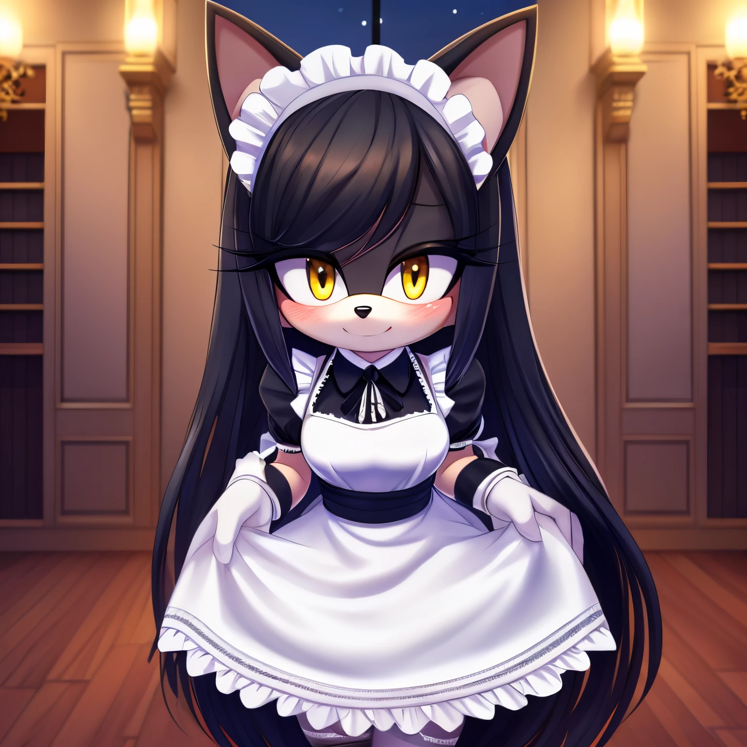Mobian, female, hedgehog, grayish black fur, long hair, feminine eyelashes, medium breasts, hair bangs, perfect feminine figure, intricate details, (detailed background:1.3), anime style, night, inside house, sharp focus, blushing, standing, furry female, (solo), sundown, yellow eyes, hair over one eye, ((maid dress)), lace thigh high stockings, a white gloves, ((best quality))