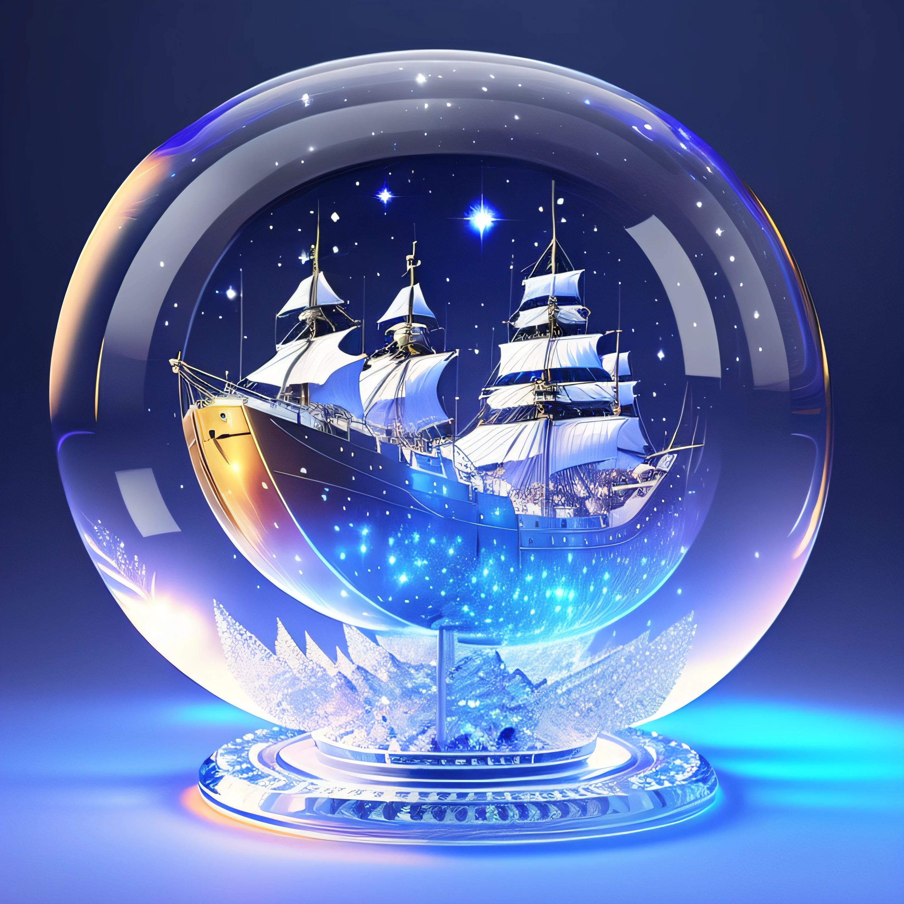 RPG model ,Bubble | concept glasses, A rare and beautiful ship made of crystal stands on the stand , Diamonds can be seen on the side of the hull , The ship is shiny , Front light.