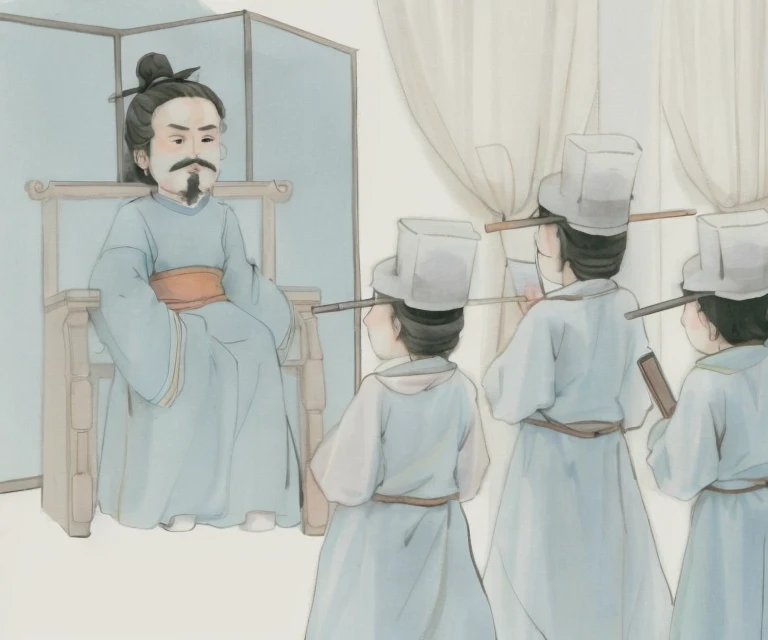 Drawing of a group of people in a room with curtains, confucius and jury trial, Inspired by Emperor Xuande, surname, Inspired by:《Qiu Wen Tianjiang》, inspired by Dong Yuan, Inspired by Zhang Zeduan, inspired by Guan Daosheng, Inspired by Zhibai, Inspired by Song Huizong