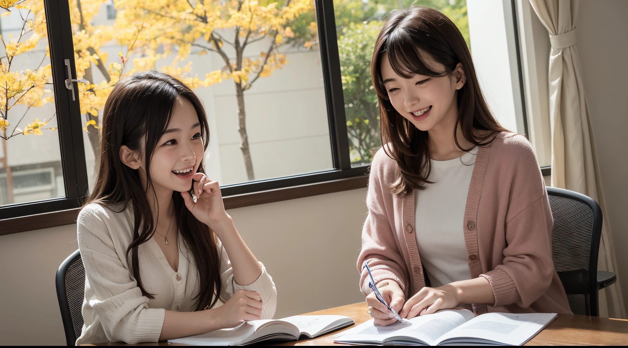 photoRealstic、A scene from a coming-of- movie、Sit at your desk and enjoy studying with friends、Opens mouth and laughs、up of face、flower petals、season!!: 夏天☀ 🍂