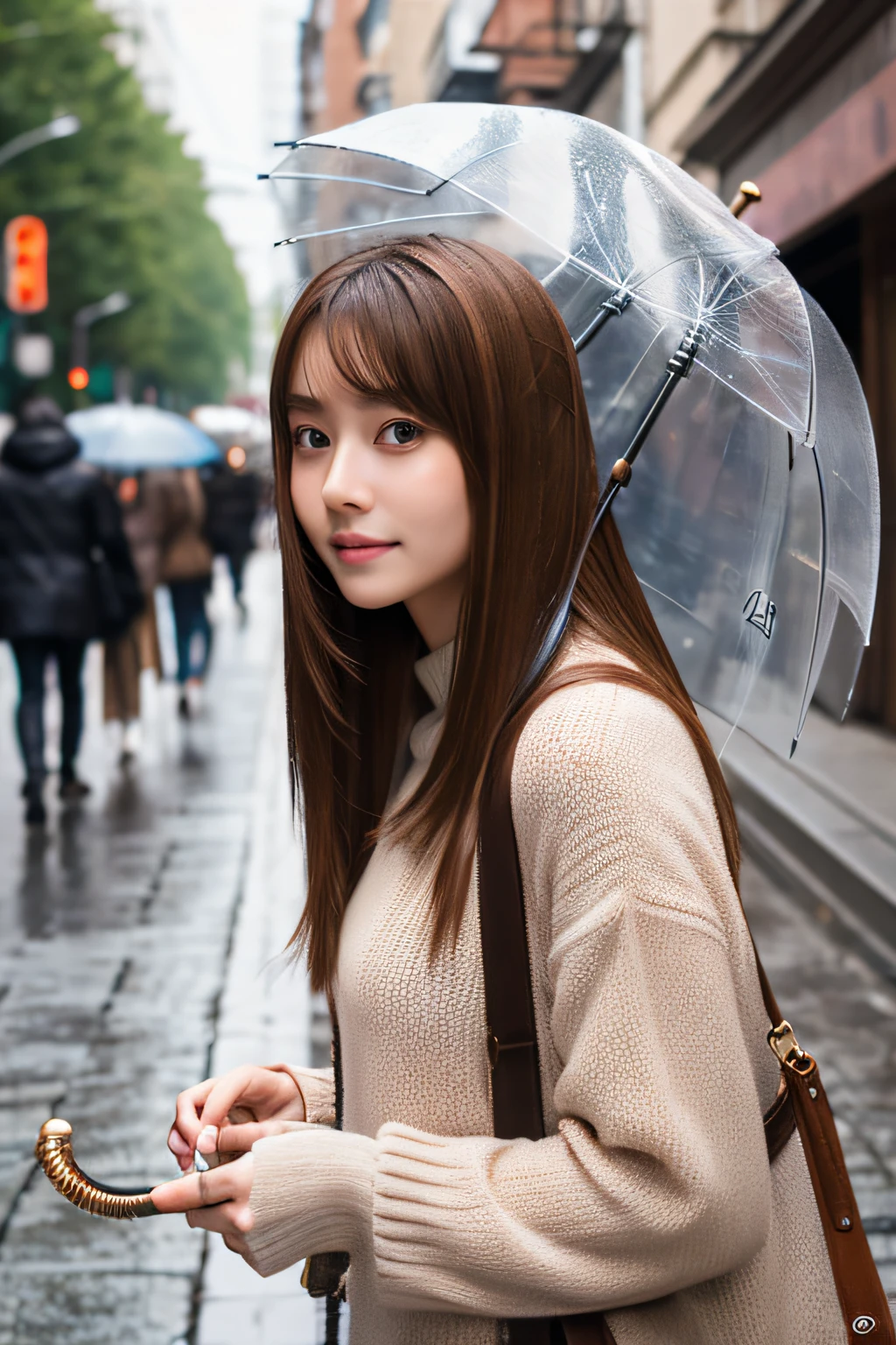 nakeness、Russian、pubic hair brown、Bronze hair、In the street、Holding an umbrella
