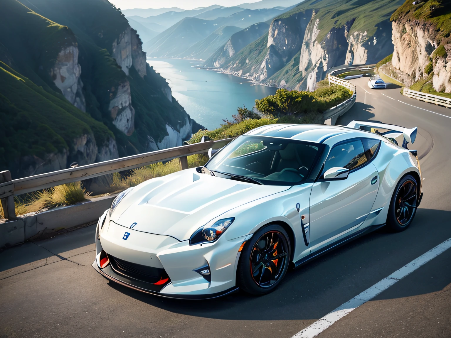 Slender woman、racing jacket、Competition with sports cars、超A high resolution、An ultra-high picture quality、8K、Wonderful expression with attention to detail、early summer coastline、beautiful fresh green、A white sports car runs gracefully on the mountain pass road along the coast.........、((nissan fairladyZ・3000ZR))
