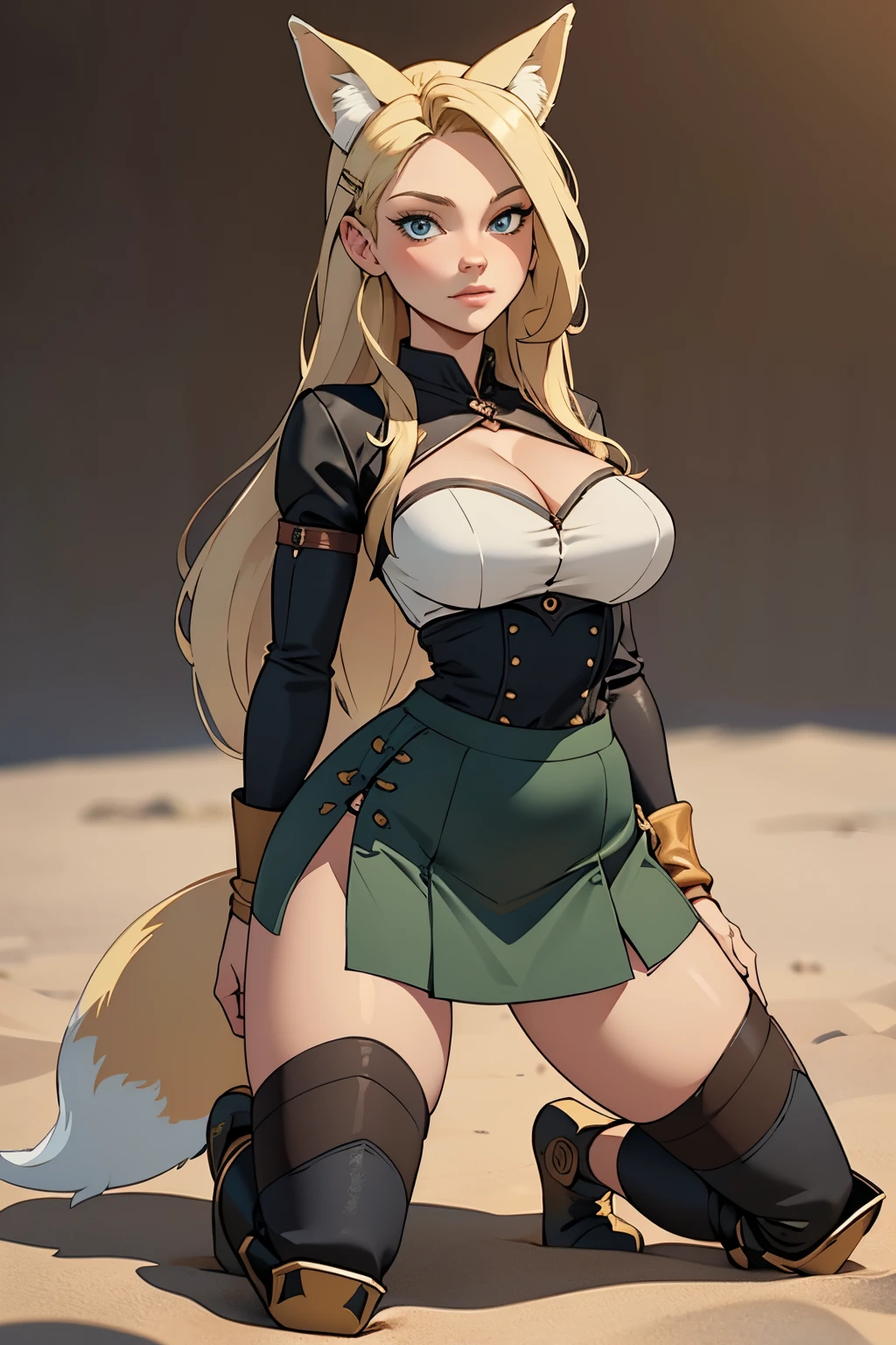 Beautiful 1girl, full body, teenager, solo, (very long waist length blonde hair, straight blonde hair: 1.28), ((light blue eyes)), clear skin, (large darker fox ears: 1.35), pale skin, medium breasts, cleavage, (thin hips, thin waist , athletic body: 1.25),  background, looking away, (wearing cropped cloth tunic green, leather skirt, van braces, boots with shin guards, hair clip: 1.1), groping chest, kneeling in the sand, masterpiece, best quality,3d rending work ,3DMM style, close-up, portrait, 3D,