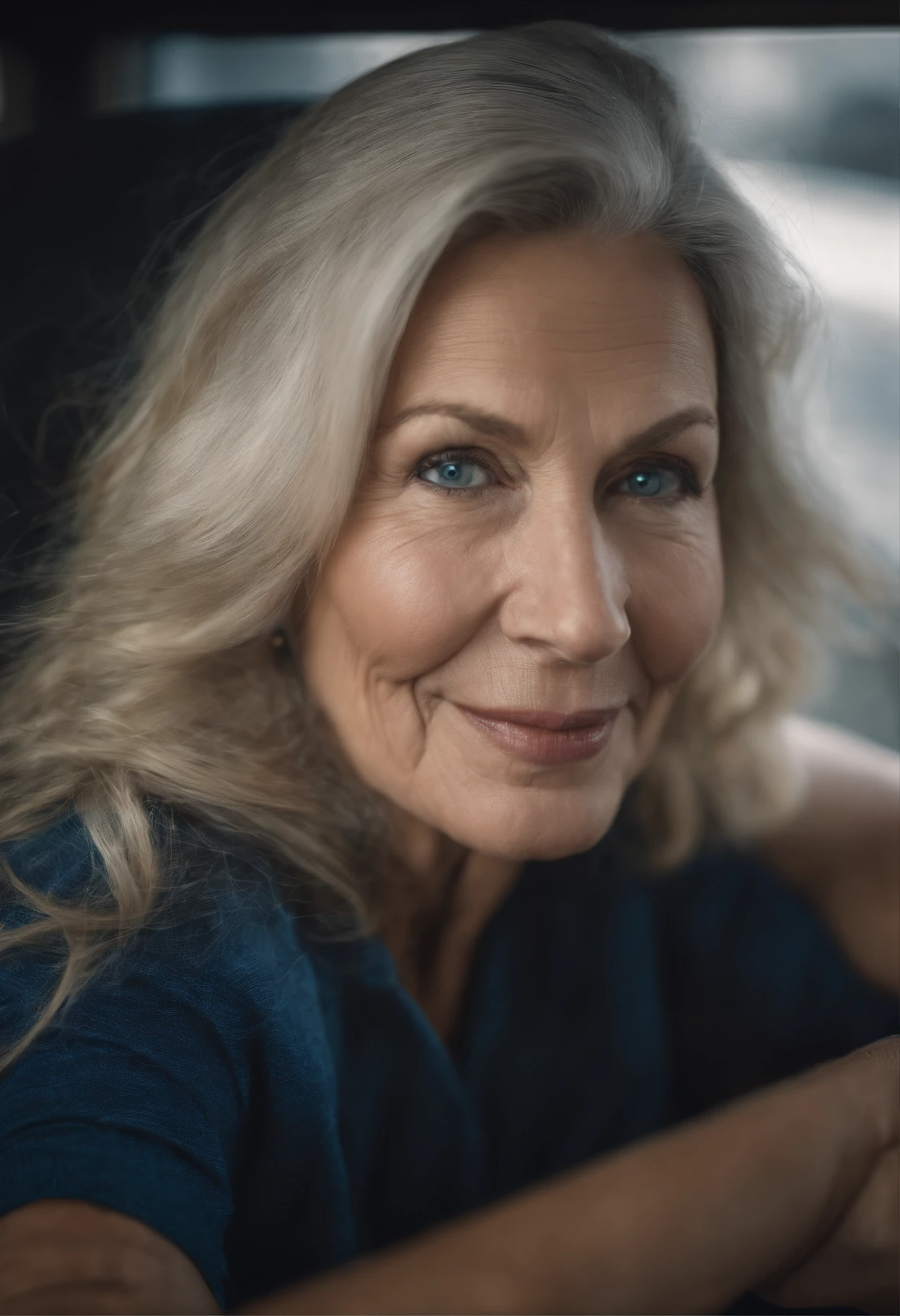 Photograph of a 50yo mature woman, wrinkled skin, wrinkles, beautiful, gorgeous, sexy, cute, erotic, dimples, pretty blue eyes, long eyelashes, long blonde and grey hair, pretty teeth, perky lips, 36dd breast, big buttocks, city bus, of a father