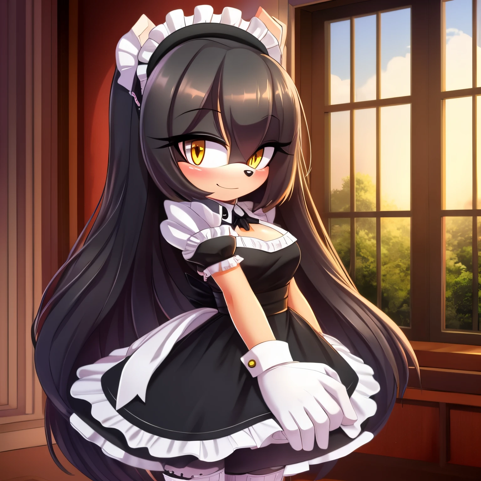 Mobian, female, hedgehog, grayish black fur, long hair, feminine eyelashes, medium breasts, hair bangs, perfect feminine figure, intricate details, (detailed background:1.3), anime style, night, inside house, sharp focus, blushing, standing, furry female, (solo), sundown, yellow eyes, hair over one eye, ((maid dress)), lace thigh high stockings, a white gloves, ((best quality))