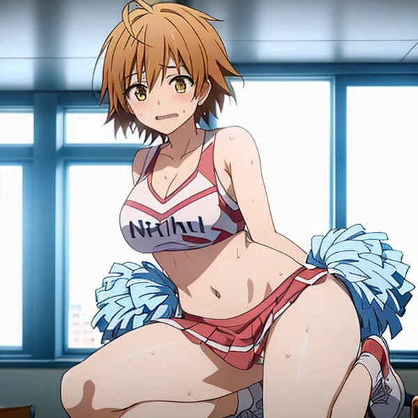 blushed、Teary-eyed、(Feminization、cheerleaders)、short-hair、full body Esbian、feminine breasts、ligh brown hair、(masutepiece, Best Quality)、 Shiny skin、(1girll: nase, Naughty blush, Sweat flows)